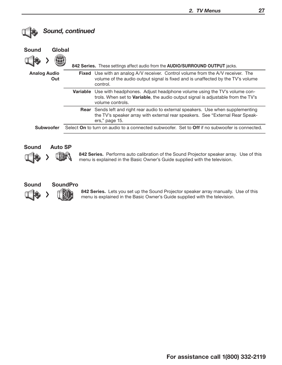 Sound, continued | MITSUBISHI ELECTRIC 3D DLP HOME-CINEMA TELEVISION SERIES 742 User Manual | Page 27 / 62