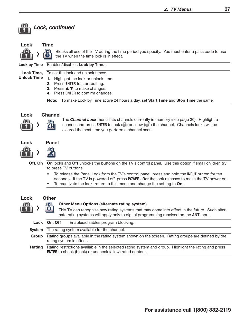 Lock, continued | MITSUBISHI ELECTRIC 3D DLP HOME-CINEMA TELEVISION SERIES 742 User Manual | Page 37 / 62