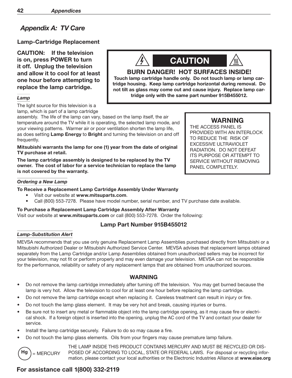 Caution, Warning, Appendix a: tv care | MITSUBISHI ELECTRIC 3D DLP HOME-CINEMA TELEVISION SERIES 742 User Manual | Page 42 / 62