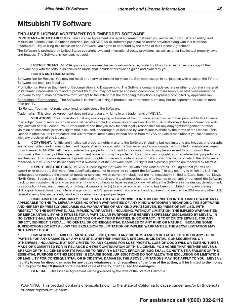 Mitsubishi tv software | MITSUBISHI ELECTRIC 3D DLP HOME-CINEMA TELEVISION SERIES 742 User Manual | Page 49 / 62