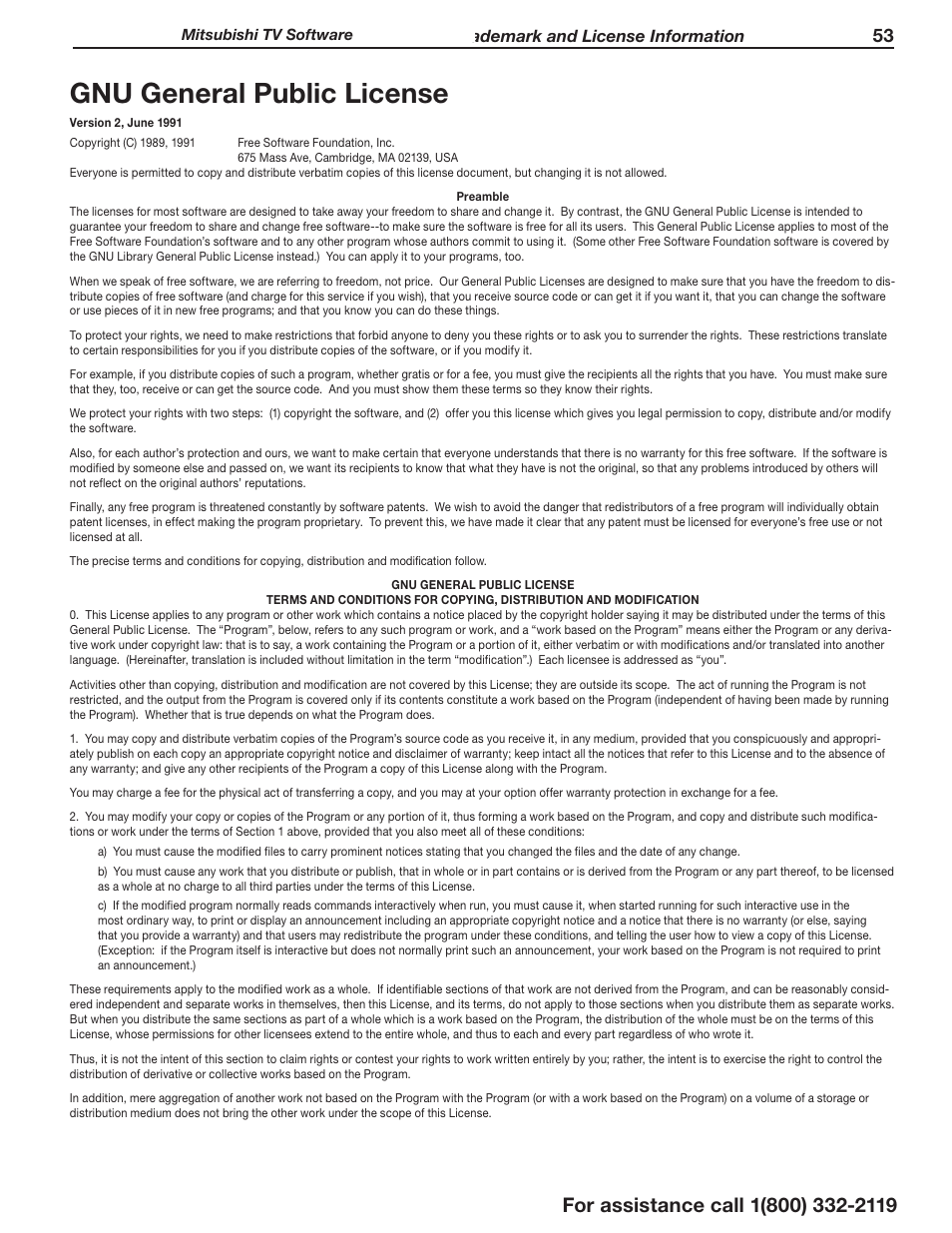 Gnu general public license, Trademark and license information | MITSUBISHI ELECTRIC 3D DLP HOME-CINEMA TELEVISION SERIES 742 User Manual | Page 53 / 62