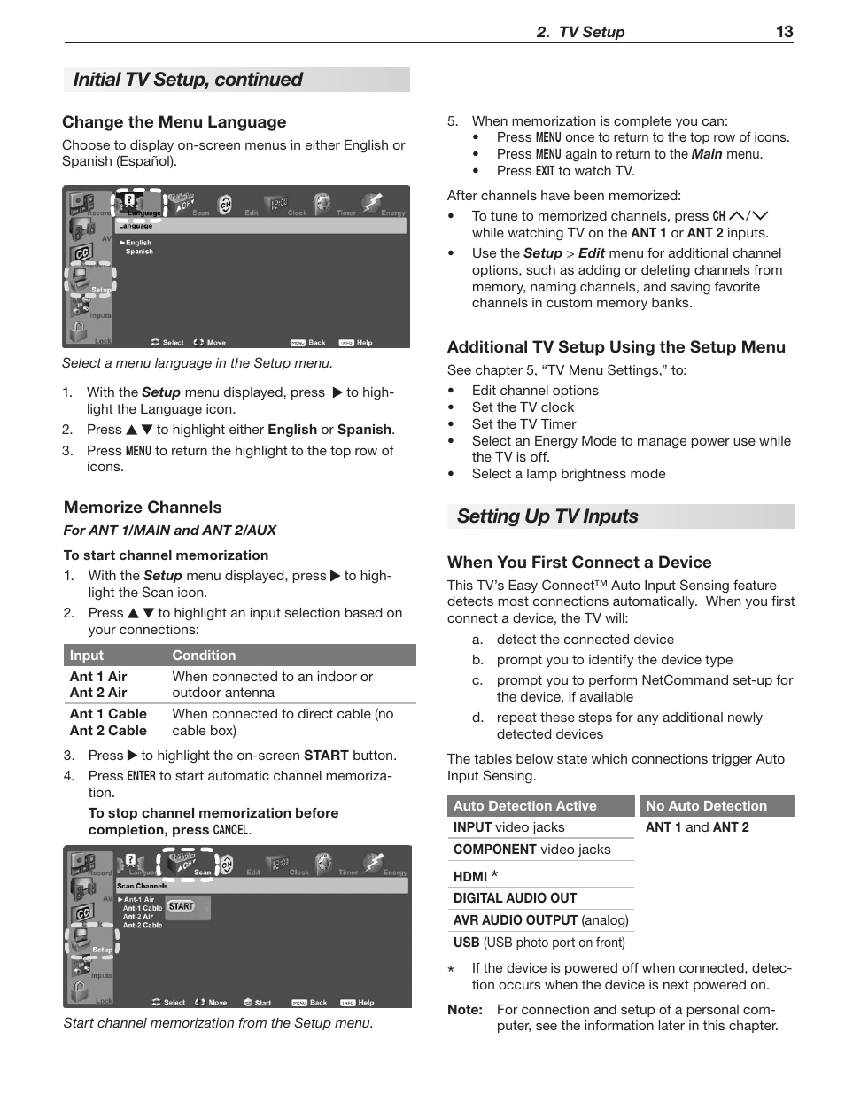 Initial tv setup, continued, Setting up tv inputs | MITSUBISHI ELECTRIC WD-57833 User Manual | Page 13 / 96