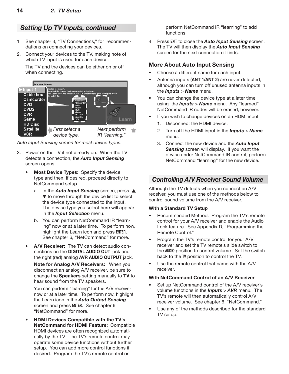 Setting up tv inputs, continued, Controlling a/v receiver sound volume | MITSUBISHI ELECTRIC WD-57833 User Manual | Page 14 / 96