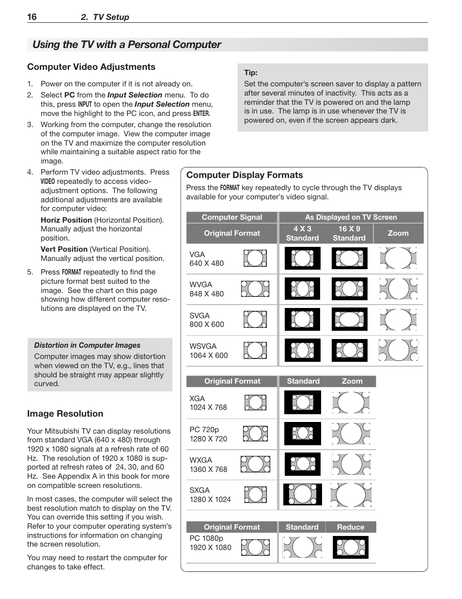 Using the tv with a personal computer | MITSUBISHI ELECTRIC WD-57833 User Manual | Page 16 / 96