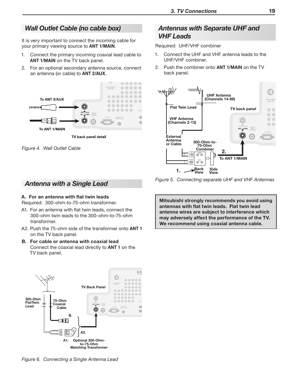 Wall outlet cable (no cable box), Antennas with separate uhf and vhf leads, Antenna with a single lead | Tv connections, Figure 6. connecting a single antenna lead | MITSUBISHI ELECTRIC WD-57833 User Manual | Page 19 / 96