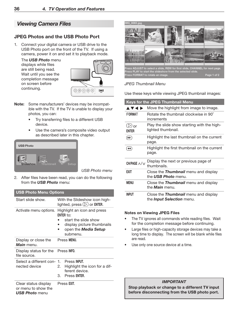 Viewing camera files, Jpeg photos and the usb photo port, Tv operation and features | MITSUBISHI ELECTRIC WD-57833 User Manual | Page 36 / 96