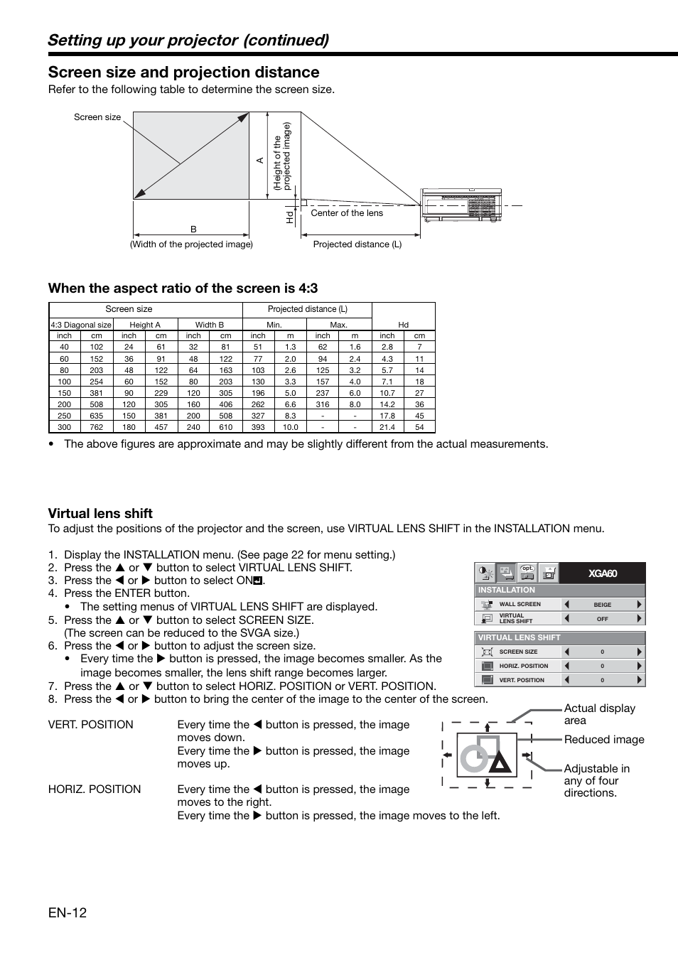 Setting up your projector (continued), Screen size and projection distance, En-12 | When the aspect ratio of the screen is 4:3, Virtual lens shift | MITSUBISHI ELECTRIC DLP XD460U User Manual | Page 12 / 40