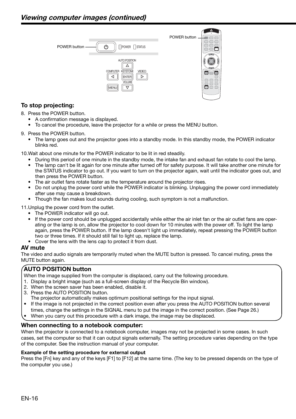 Viewing computer images (continued), En-16, Av mute | Auto position button | MITSUBISHI ELECTRIC DLP XD460U User Manual | Page 16 / 40