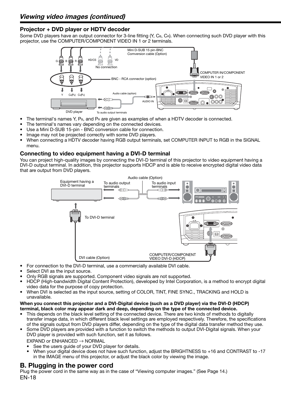 Viewing video images (continued), B. plugging in the power cord, Projector + dvd player or hdtv decoder | MITSUBISHI ELECTRIC DLP XD460U User Manual | Page 18 / 40