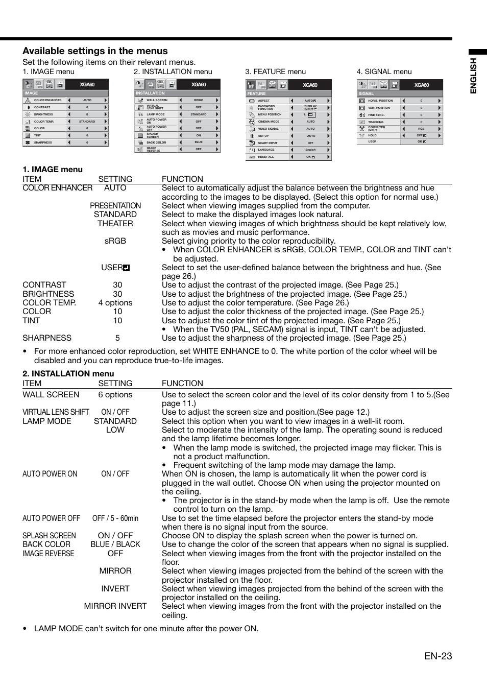 En-23, Available settings in the menus, English | Set the following items on their relevant menus | MITSUBISHI ELECTRIC DLP XD460U User Manual | Page 23 / 40