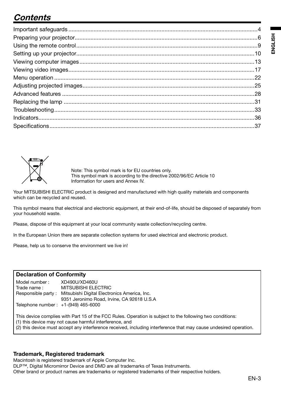 MITSUBISHI ELECTRIC DLP XD460U User Manual | Page 3 / 40