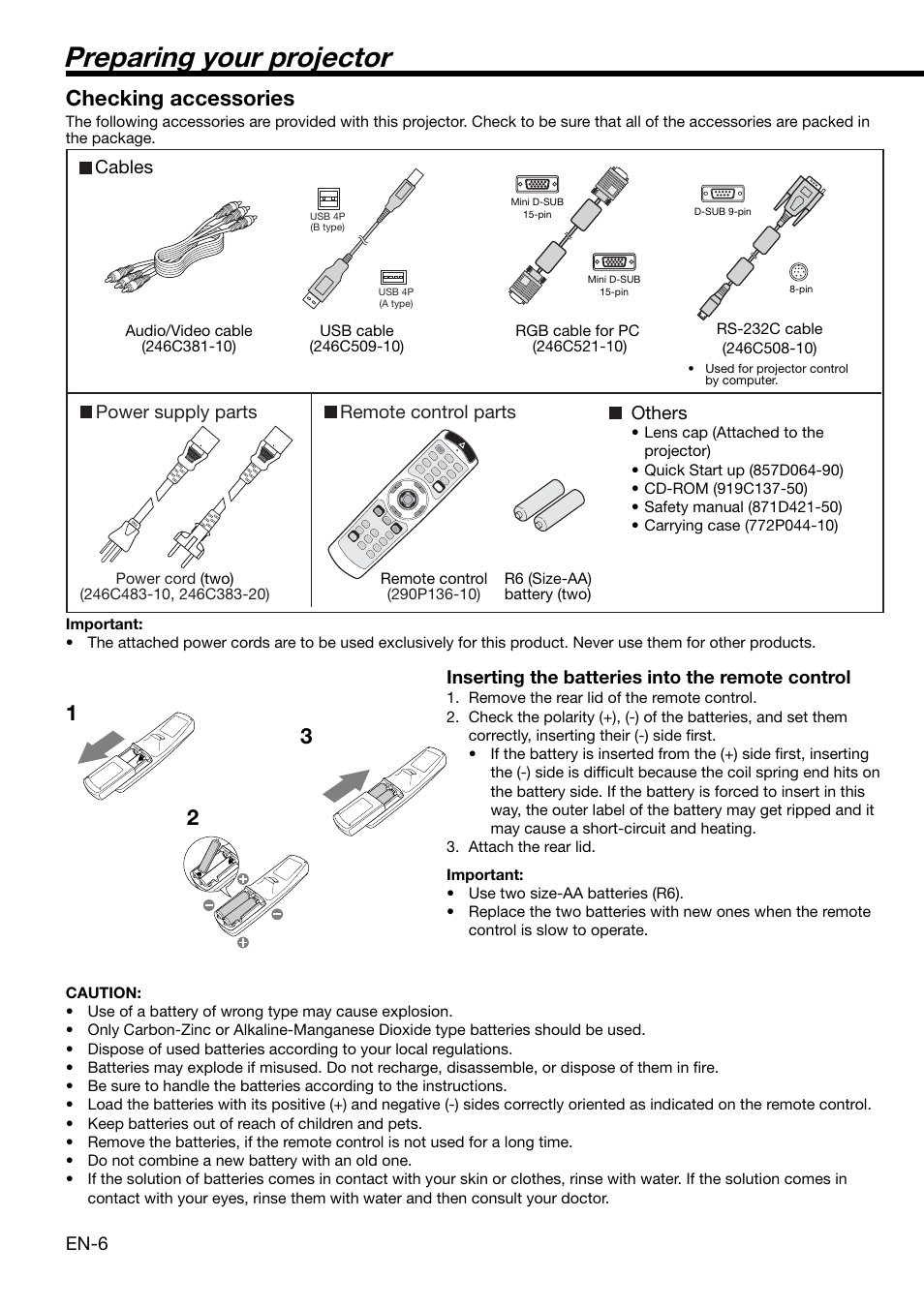 Preparing your projector, 12 3 checking accessories | MITSUBISHI ELECTRIC DLP XD460U User Manual | Page 6 / 40