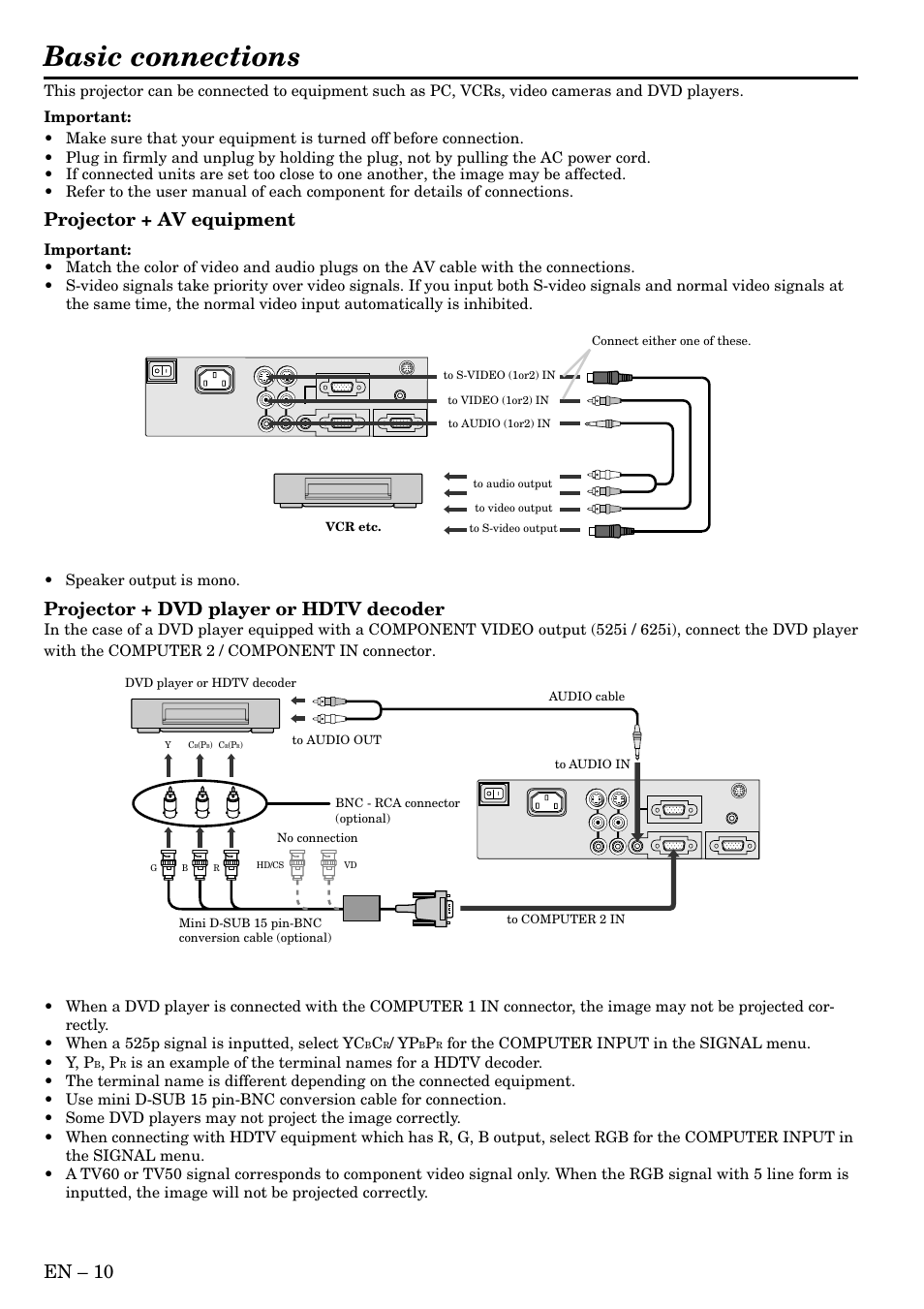 Basic connections, En – 10, Projector + av equipment | Projector + dvd player or hdtv decoder, Speaker output is mono, For the computer input in the signal menu. • y, p | MITSUBISHI ELECTRIC SD200U User Manual | Page 10 / 34