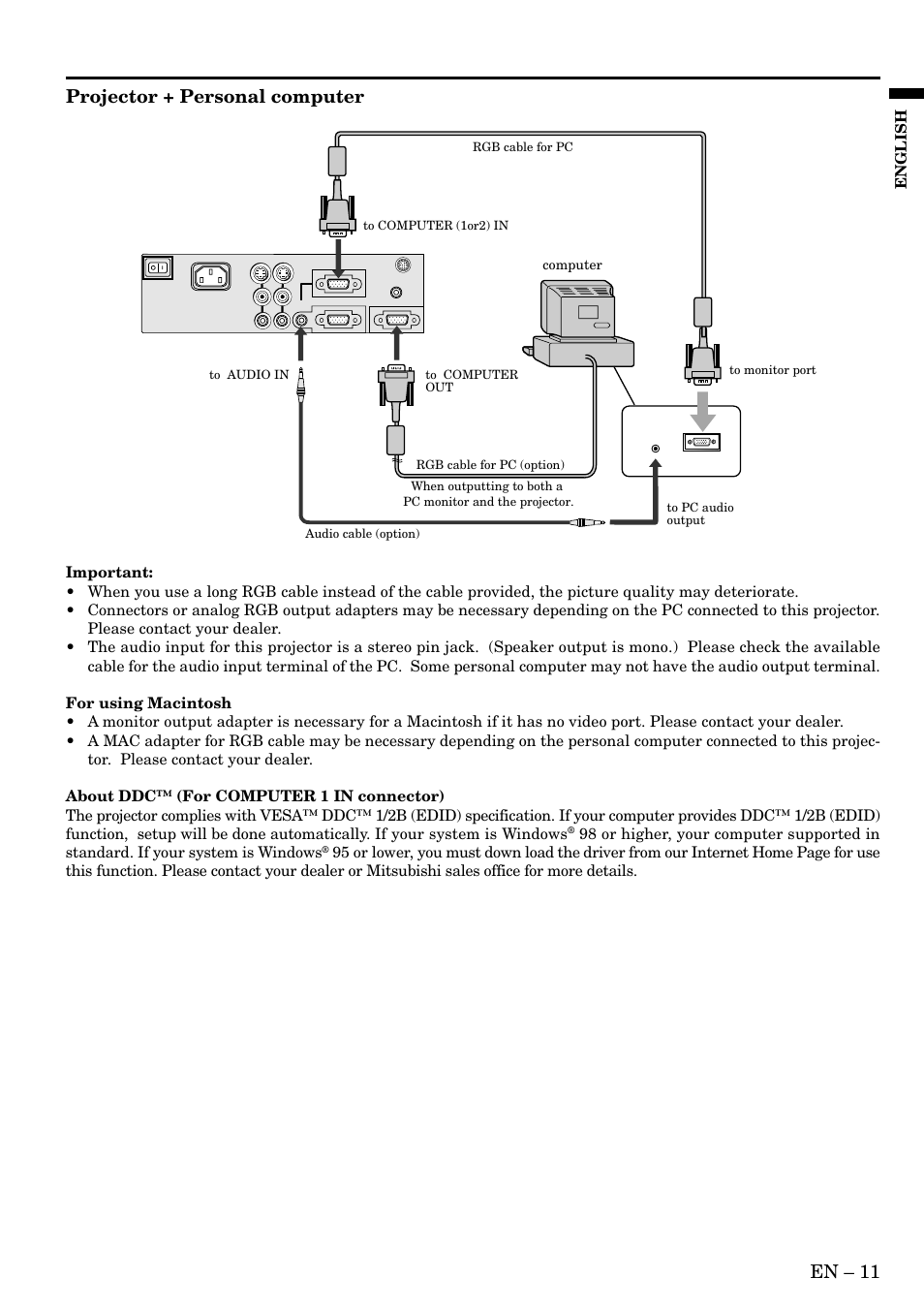 En – 11, Projector + personal computer, English | Computer | MITSUBISHI ELECTRIC SD200U User Manual | Page 11 / 34