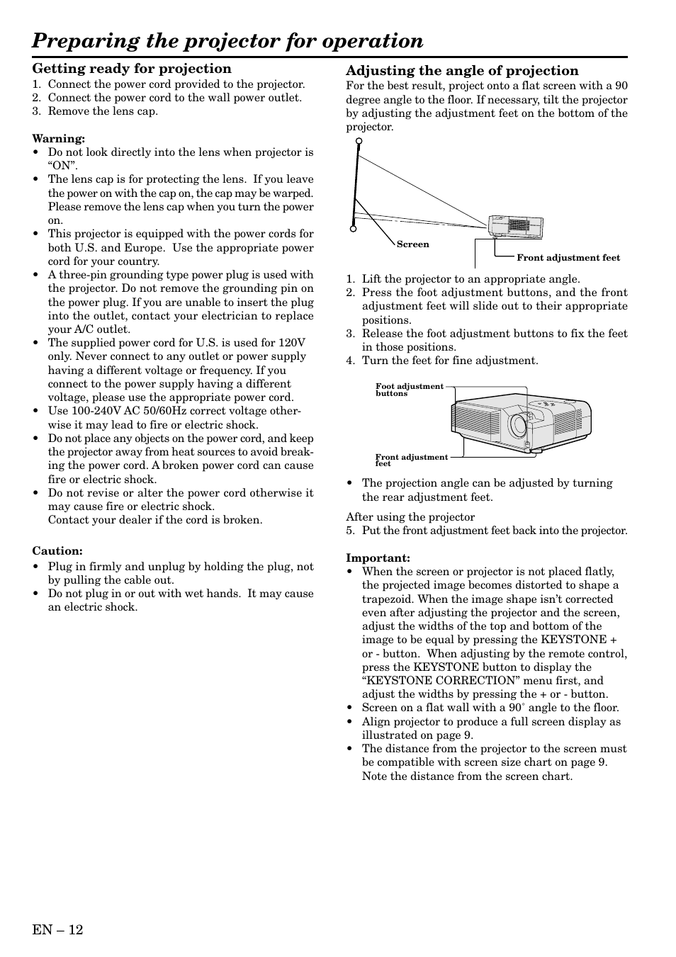 Preparing the projector for operation | MITSUBISHI ELECTRIC SD200U User Manual | Page 12 / 34