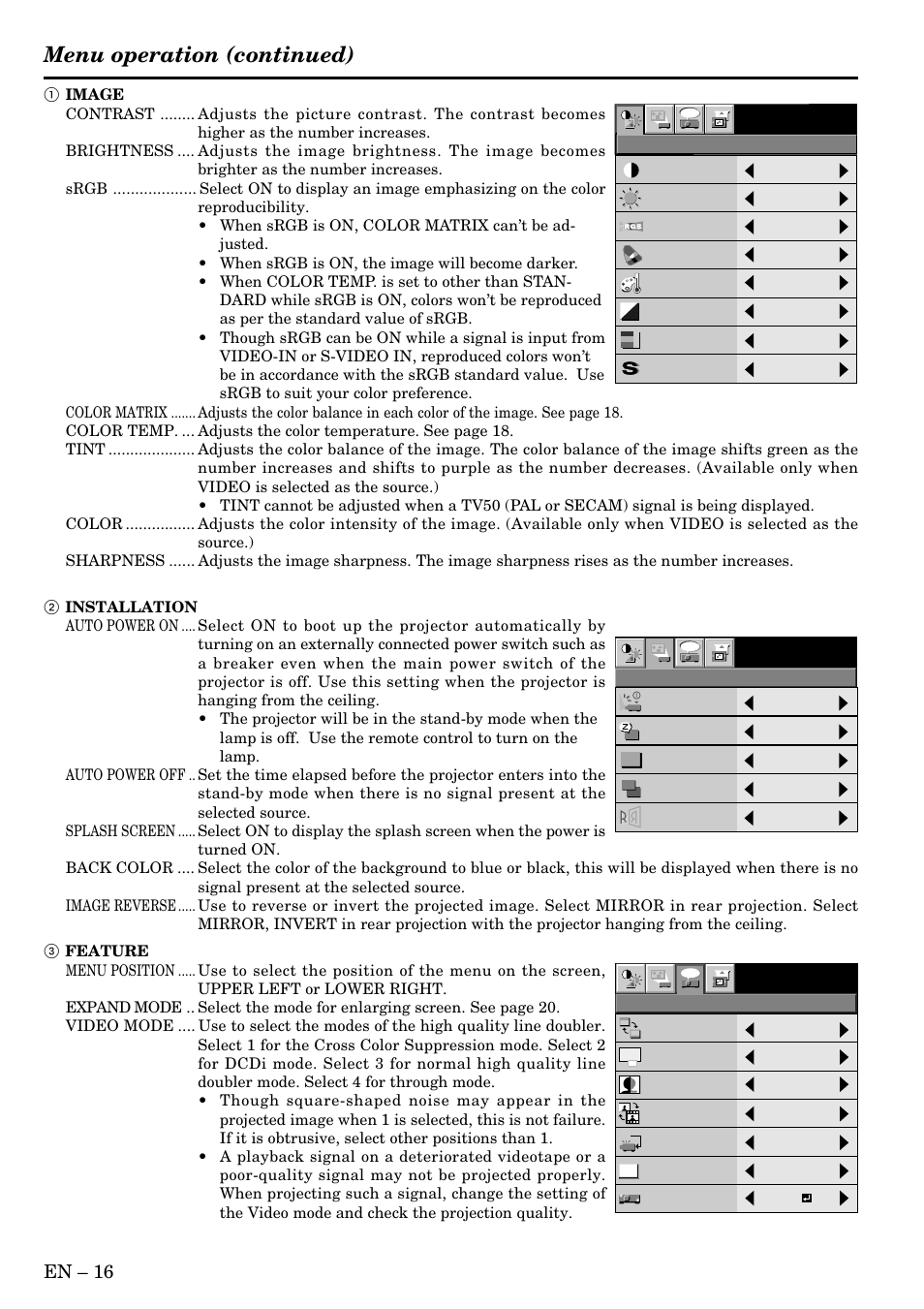 Menu operation (continued), En – 16 | MITSUBISHI ELECTRIC SD200U User Manual | Page 16 / 34