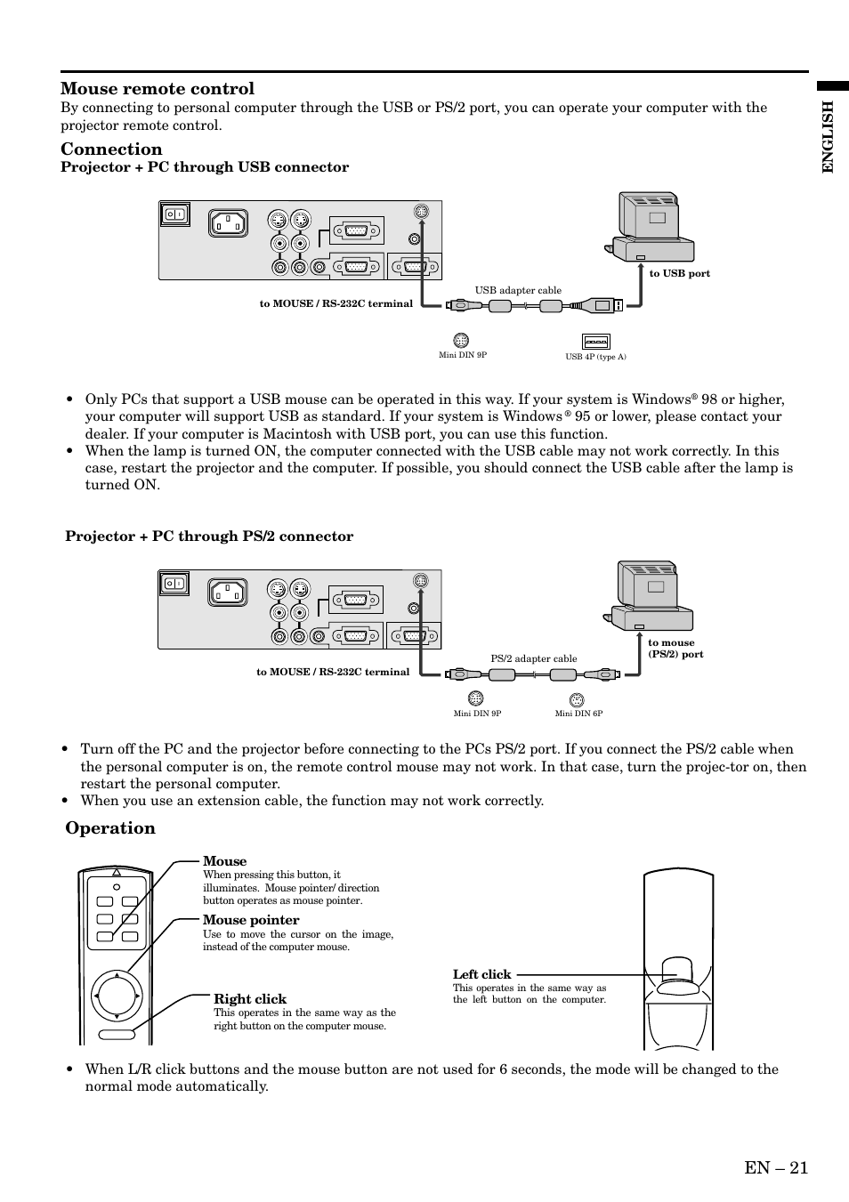 En – 21, Mouse remote control, Connection | Operation, English, Projector + pc through usb connector, Right click, Mouse pointer, Mouse, Left click | MITSUBISHI ELECTRIC SD200U User Manual | Page 21 / 34