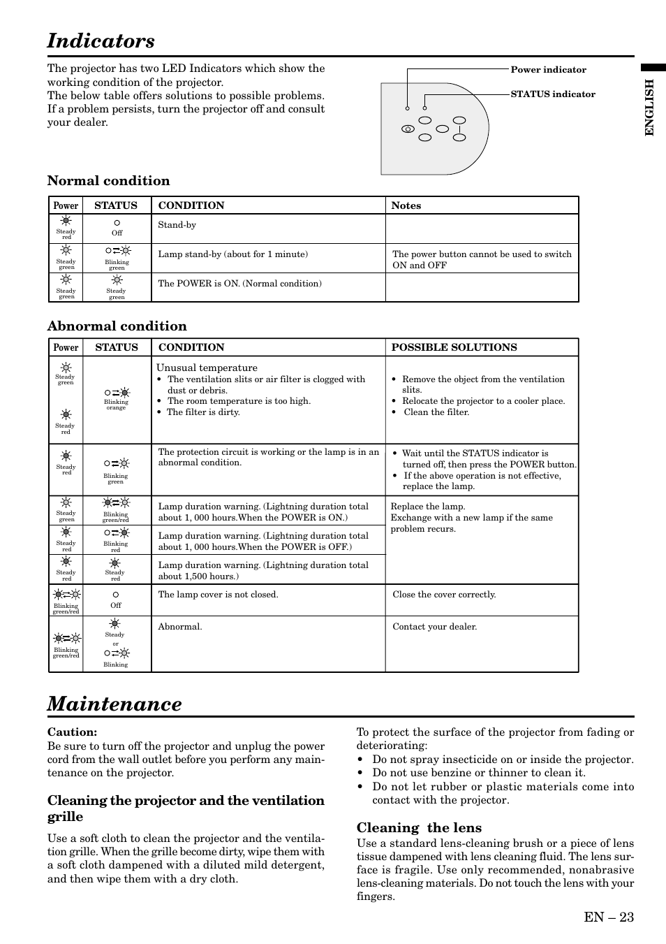 Indicators, Maintenance, En – 23 | Normal condition abnormal condition, Cleaning the projector and the ventilation grille, Cleaning the lens, English | MITSUBISHI ELECTRIC SD200U User Manual | Page 23 / 34