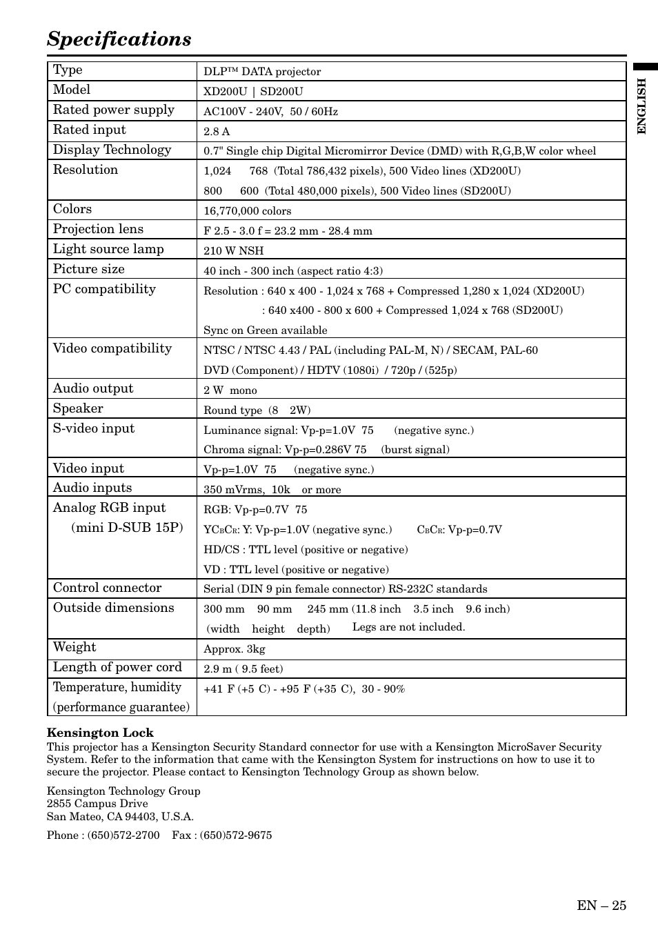 Specifications | MITSUBISHI ELECTRIC SD200U User Manual | Page 25 / 34