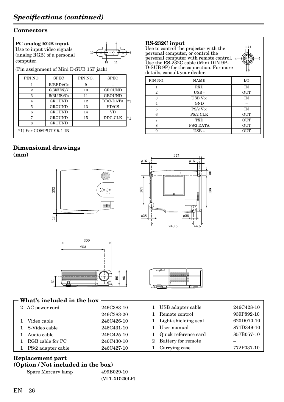 Specifications (continued), En – 26, Connectors | What’s included in the box, Dimensional drawings (mm), Rs-232c input | MITSUBISHI ELECTRIC SD200U User Manual | Page 26 / 34