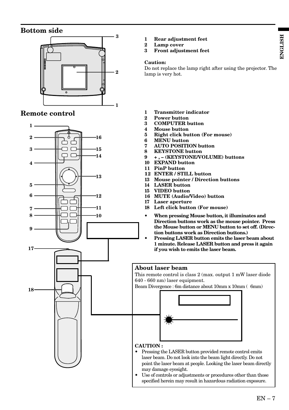 Bottom side, Remote control, Caution | En – 7, About laser beam | MITSUBISHI ELECTRIC SD200U User Manual | Page 7 / 34