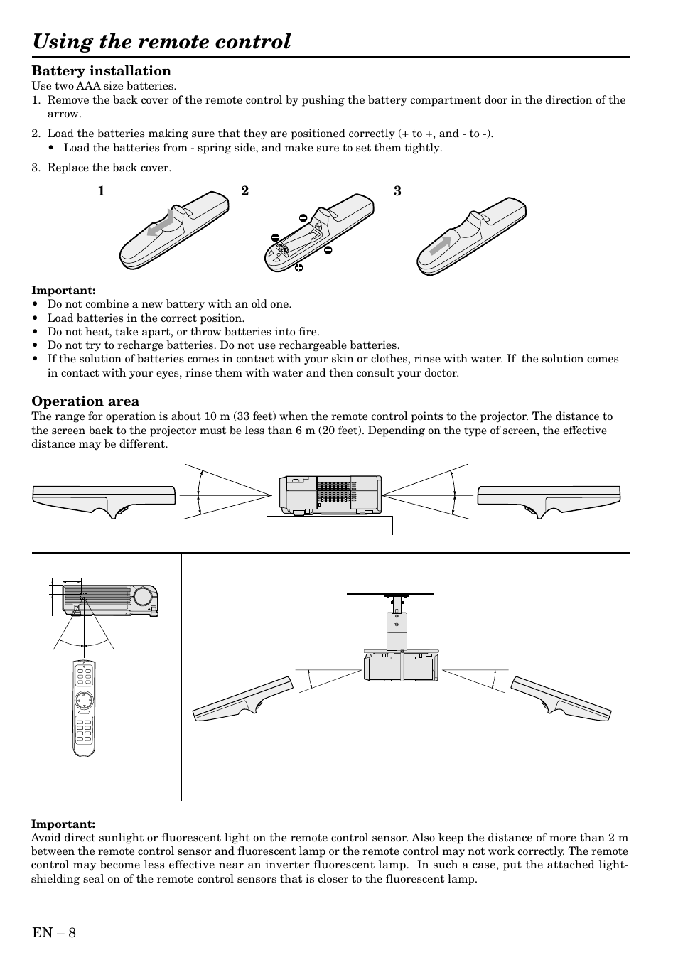 Using the remote control, En – 8 battery installation, Operation area | MITSUBISHI ELECTRIC SD200U User Manual | Page 8 / 34