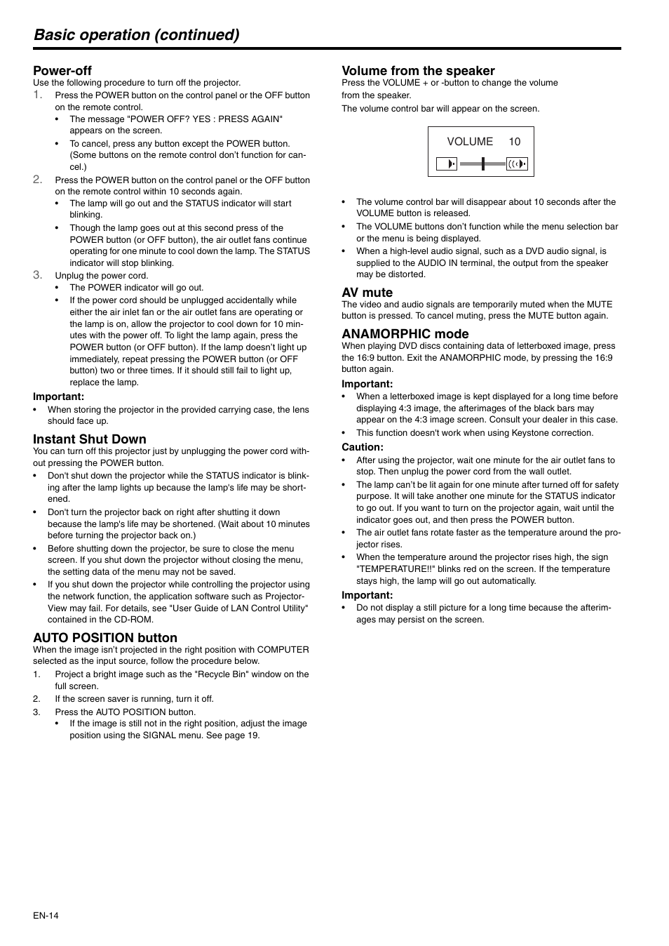 Basic operation (continued), Power-off, Instant shut down | Auto position button, Volume from the speaker, Av mute, Anamorphic mode | MITSUBISHI ELECTRIC XD110U User Manual | Page 14 / 30