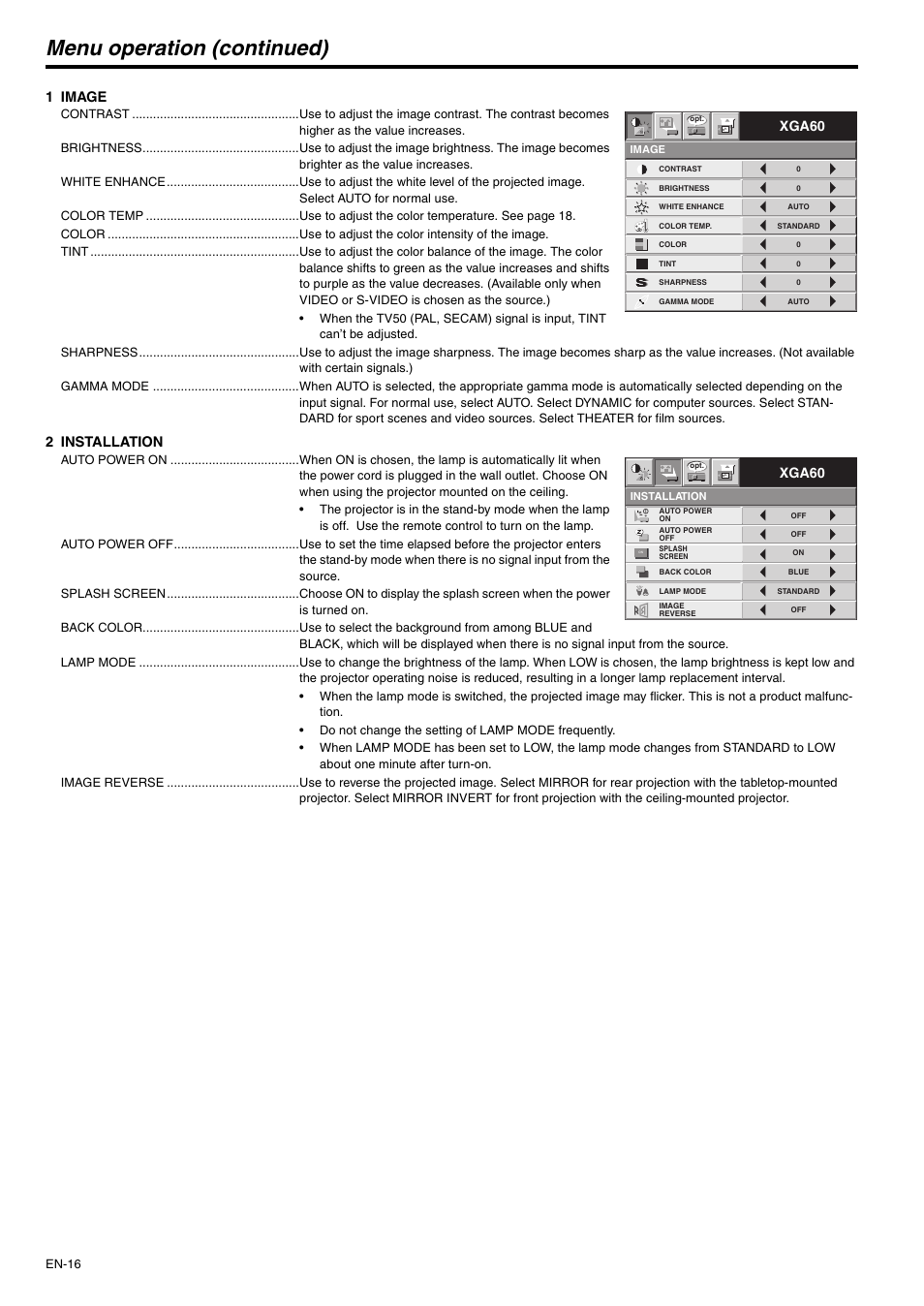 Menu operation (continued), 1 image, 2 installation | Xga60 | MITSUBISHI ELECTRIC XD110U User Manual | Page 16 / 30