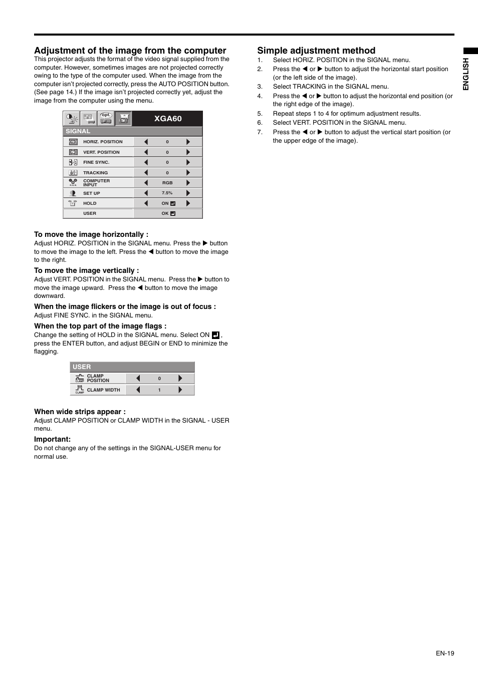 Adjustment of the image from the computer, Simple adjustment method, Xga60 | MITSUBISHI ELECTRIC XD110U User Manual | Page 19 / 30