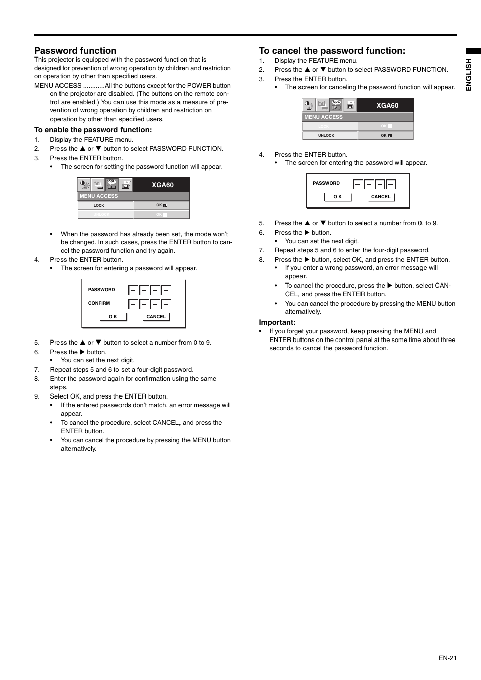 Password function | MITSUBISHI ELECTRIC XD110U User Manual | Page 21 / 30