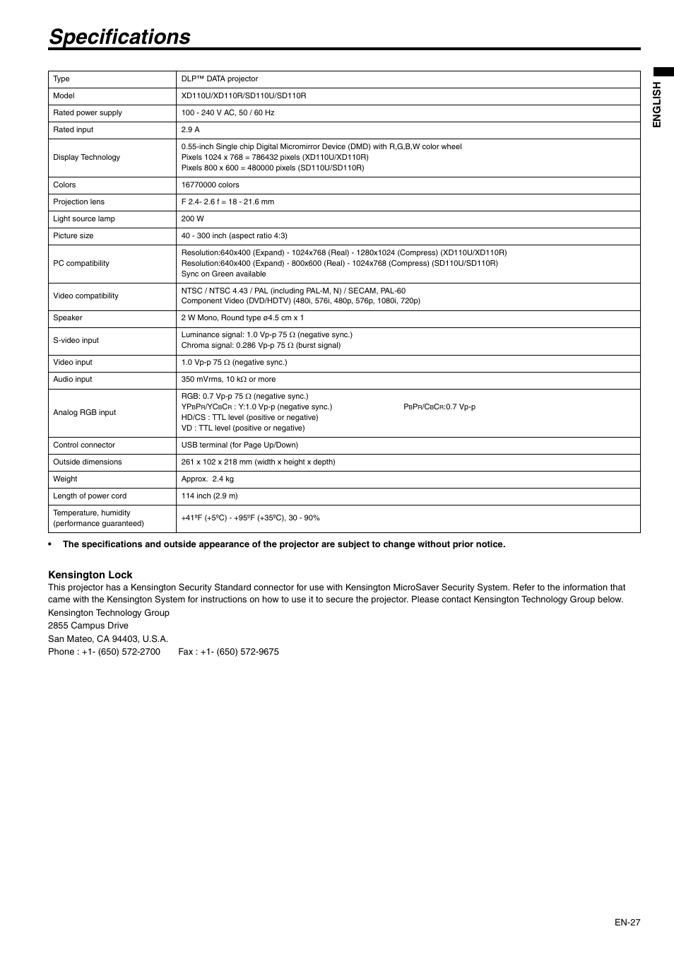 Specifications | MITSUBISHI ELECTRIC XD110U User Manual | Page 27 / 30