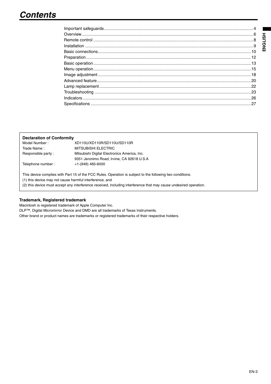 MITSUBISHI ELECTRIC XD110U User Manual | Page 3 / 30