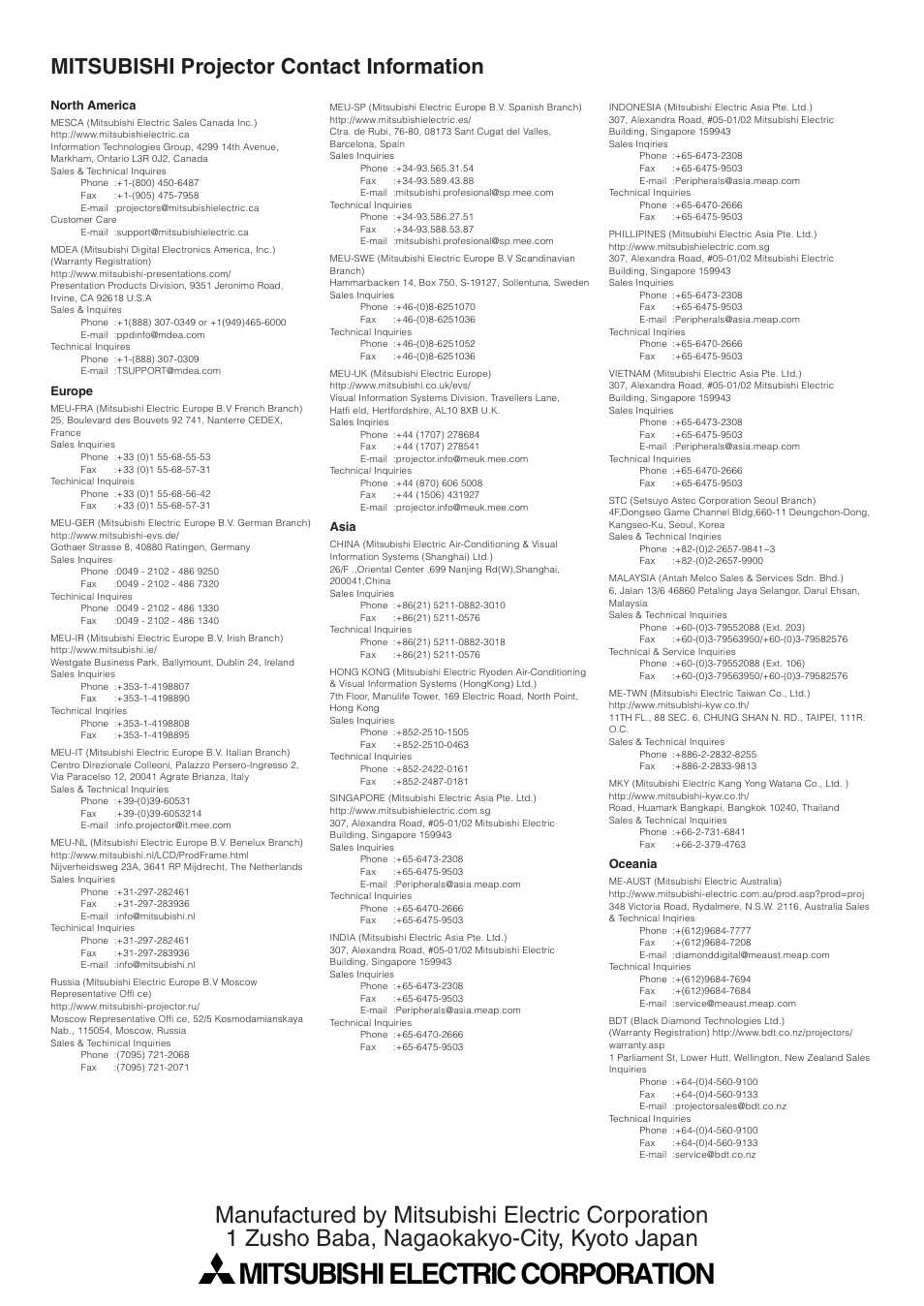 Mitsubishi electric corporation, Mitsubishi projector contact information | MITSUBISHI ELECTRIC XD110U User Manual | Page 30 / 30