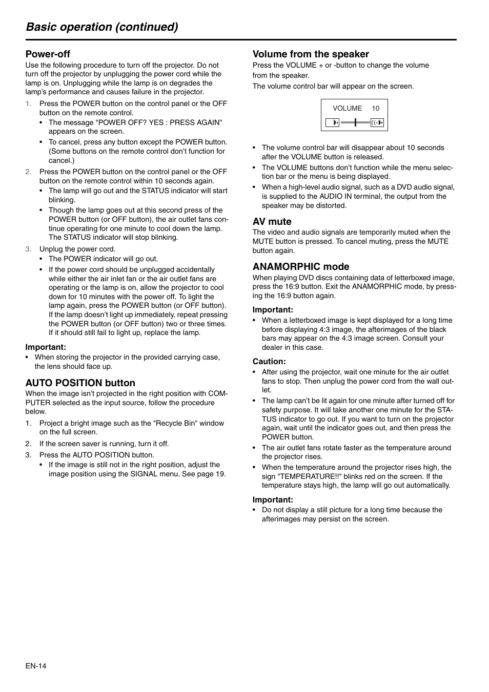 Basic operation (continued), Power-off, Auto position button | Volume from the speaker, Av mute, Anamorphic mode | MITSUBISHI ELECTRIC XD110U SD110U User Manual | Page 14 / 30