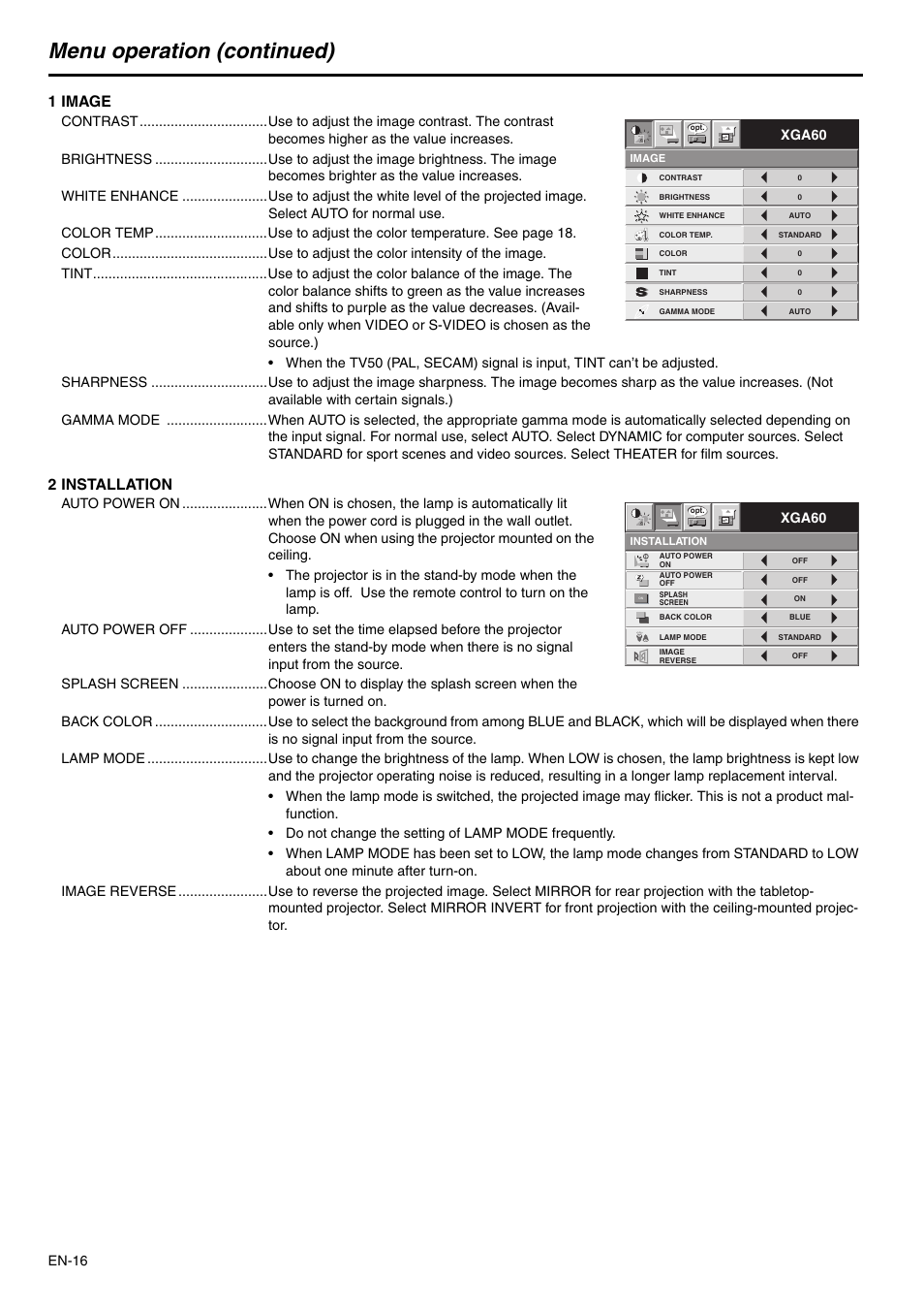 Menu operation (continued), 1 image, 2 installation | MITSUBISHI ELECTRIC XD110U SD110U User Manual | Page 16 / 30