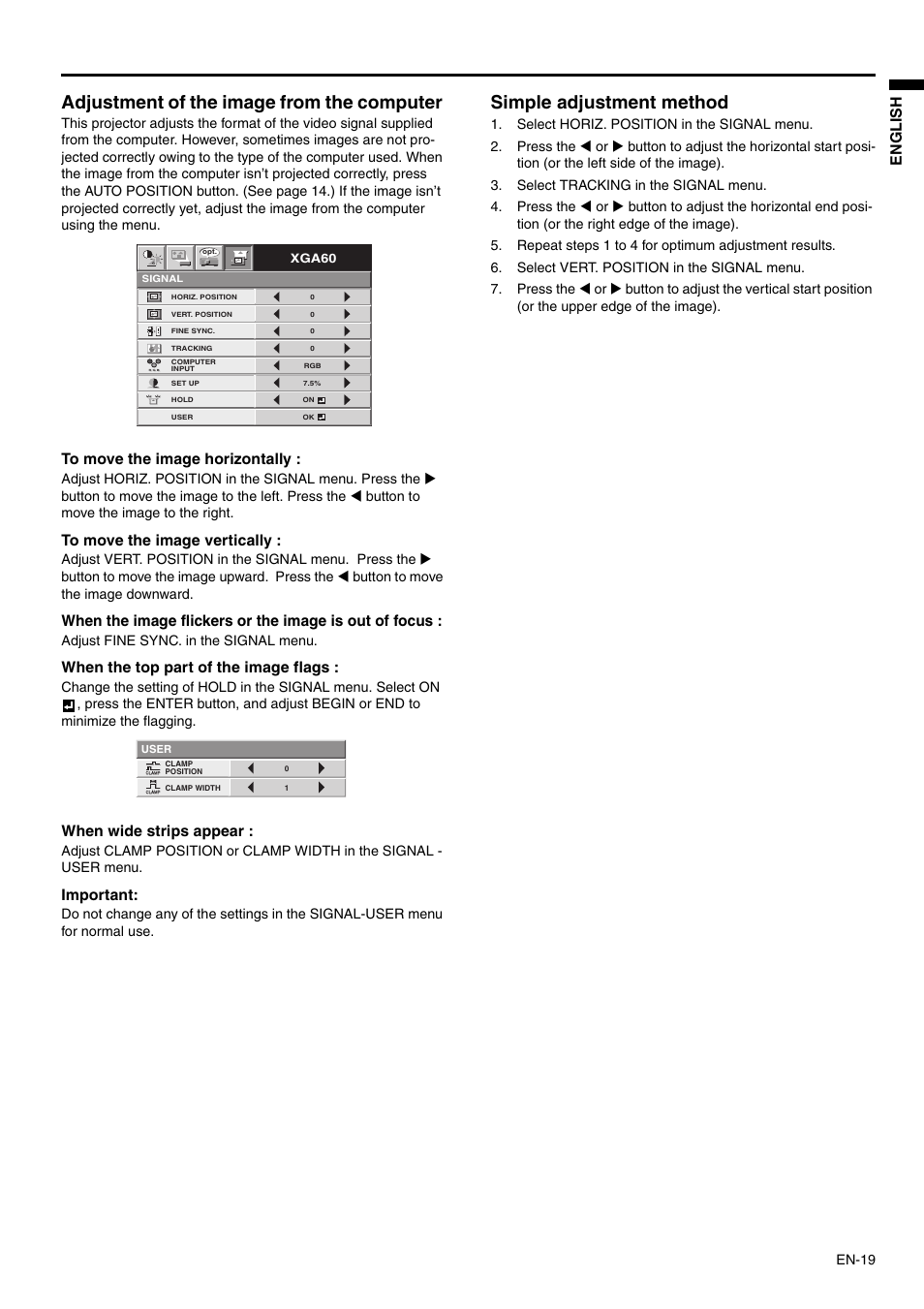 Adjustment of the image from the computer, Simple adjustment method | MITSUBISHI ELECTRIC XD110U SD110U User Manual | Page 19 / 30