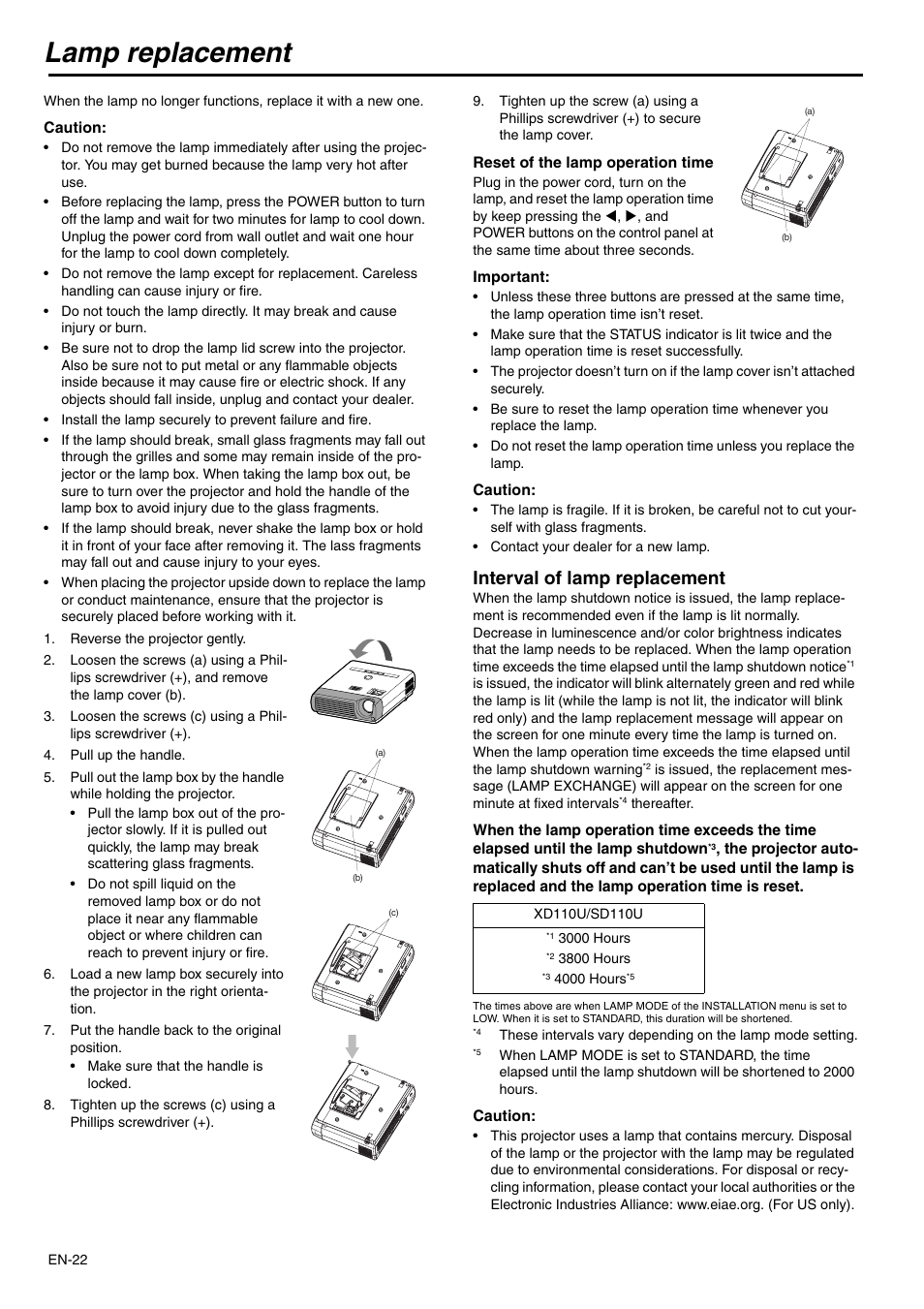 Lamp replacement, Interval of lamp replacement | MITSUBISHI ELECTRIC XD110U SD110U User Manual | Page 22 / 30