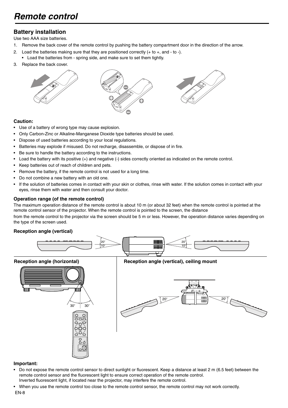 Remote control, Battery installation | MITSUBISHI ELECTRIC XD110U SD110U User Manual | Page 8 / 30