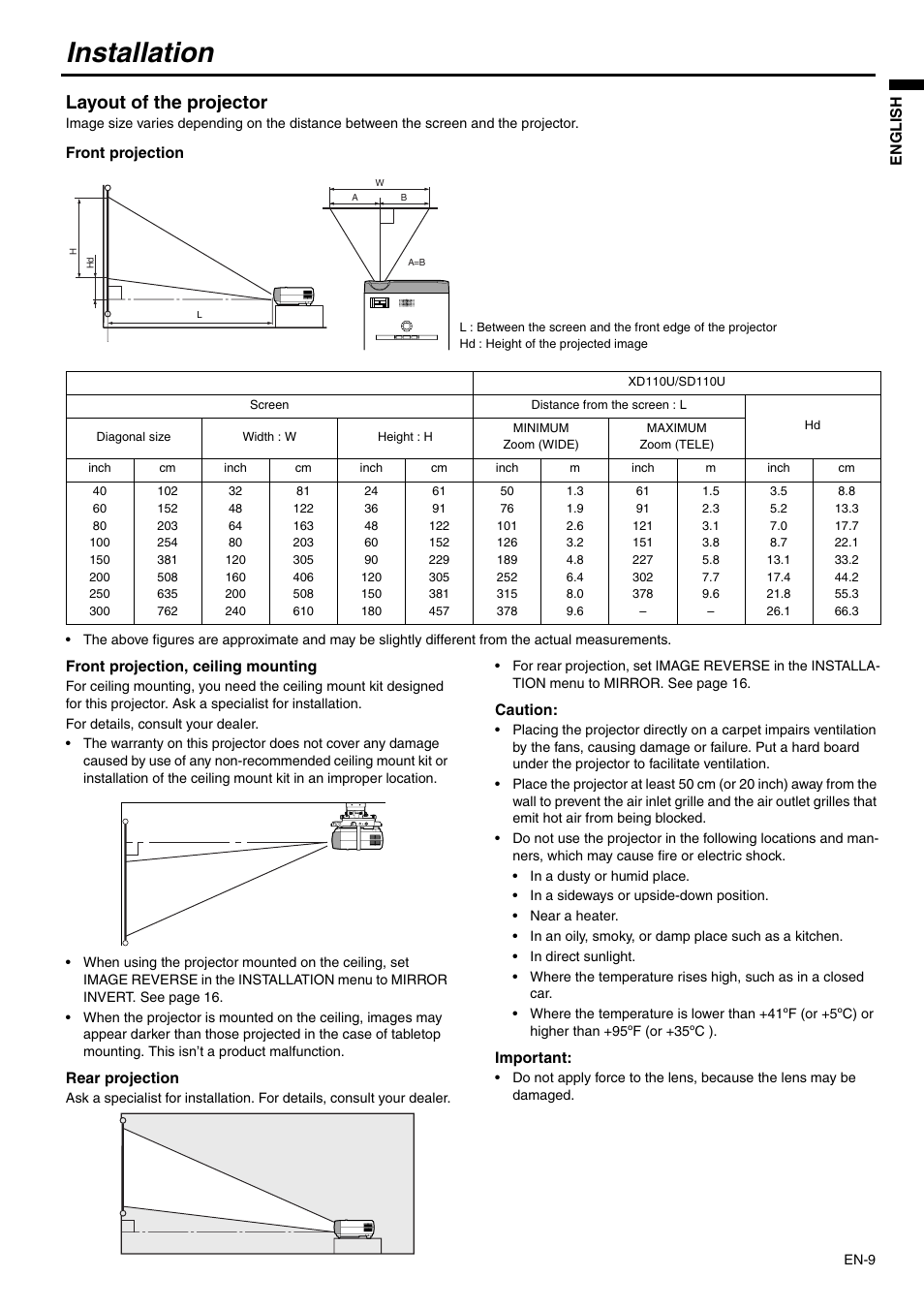 Installation, Layout of the projector | MITSUBISHI ELECTRIC XD110U SD110U User Manual | Page 9 / 30