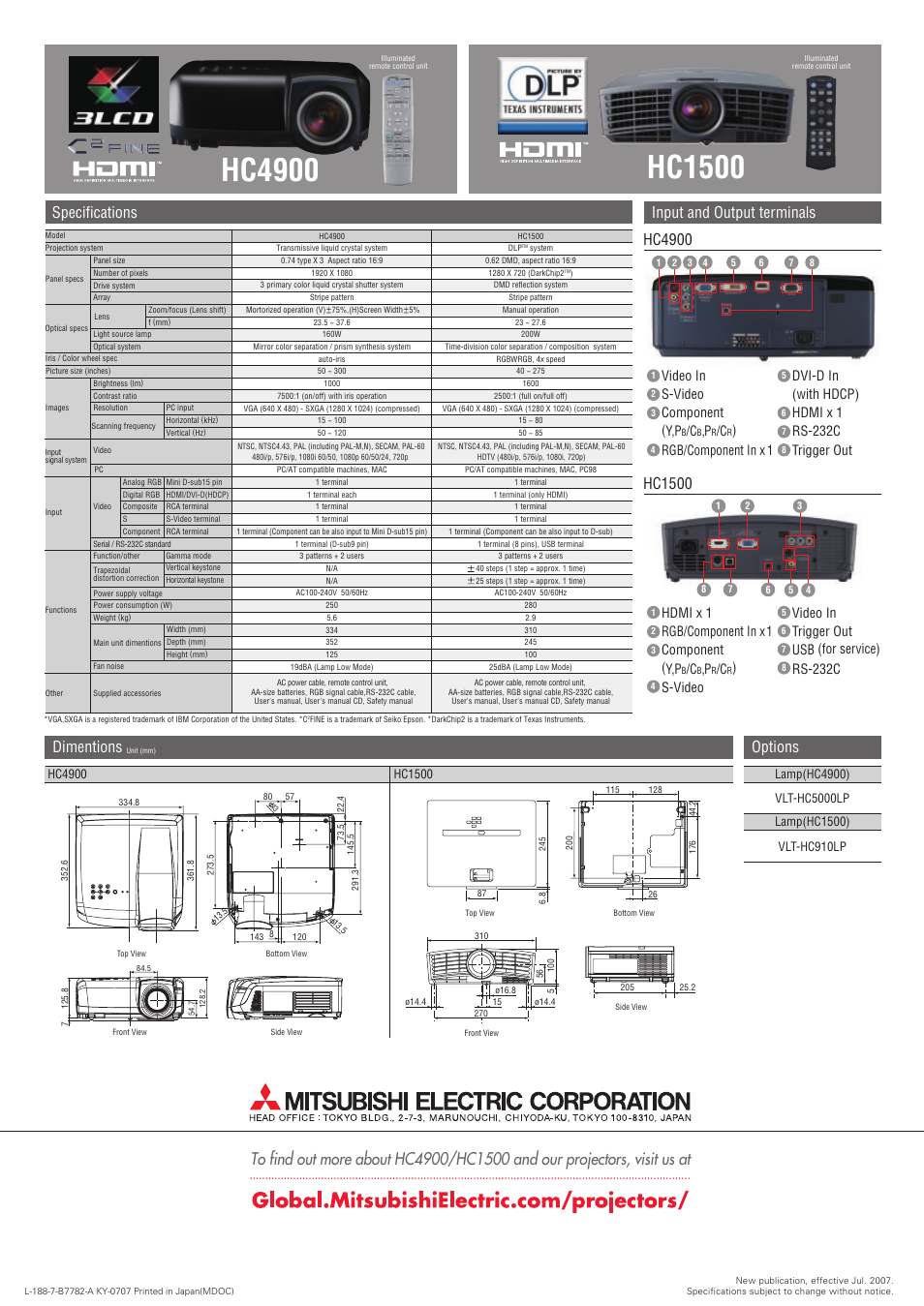 Dimentions options, Specifications, Input and output terminals | Hc4900, Hc1500, Video in s-video component (y,p, Rgb/component in x 1, S-video, Video in trigger out usb (for service) rs-232c | MITSUBISHI ELECTRIC HC4900 User Manual | Page 2 / 2