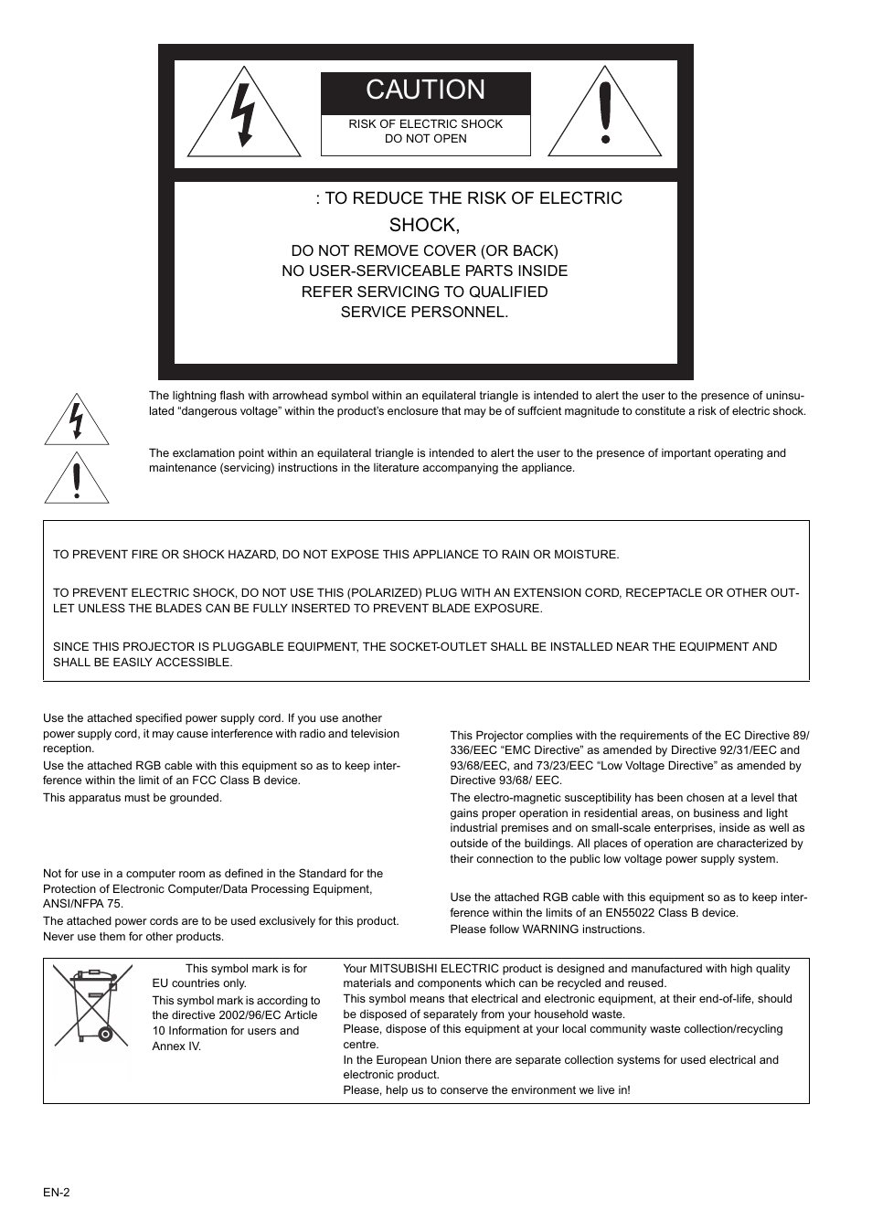 Caution, Shock | MITSUBISHI ELECTRIC XD435U-G User Manual | Page 2 / 31