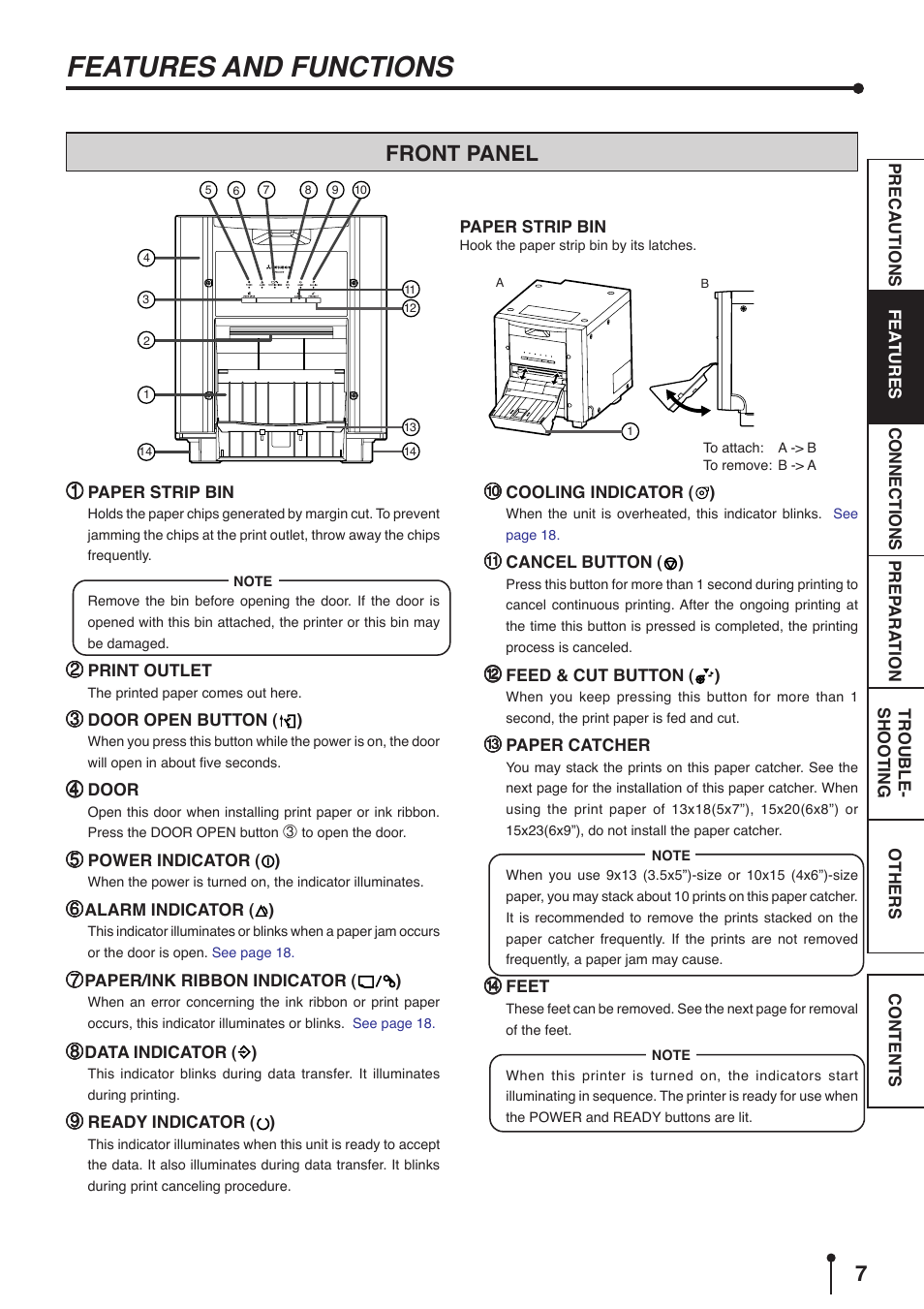 Features and functions, Front panel | MITSUBISHI ELECTRIC CP9800DW User Manual | Page 10 / 27