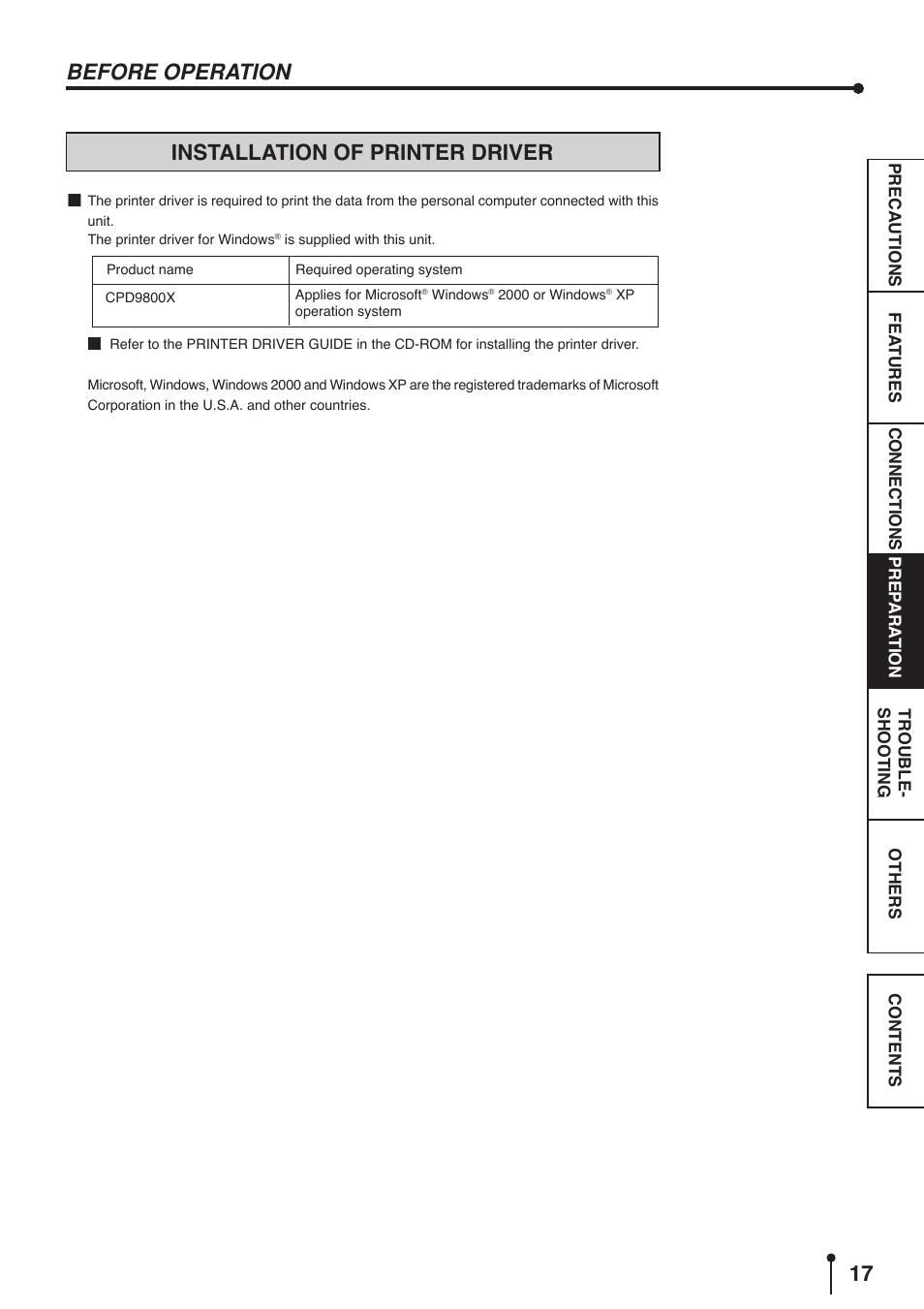 Installation of printer driver, Before operation | MITSUBISHI ELECTRIC CP9800DW User Manual | Page 20 / 27