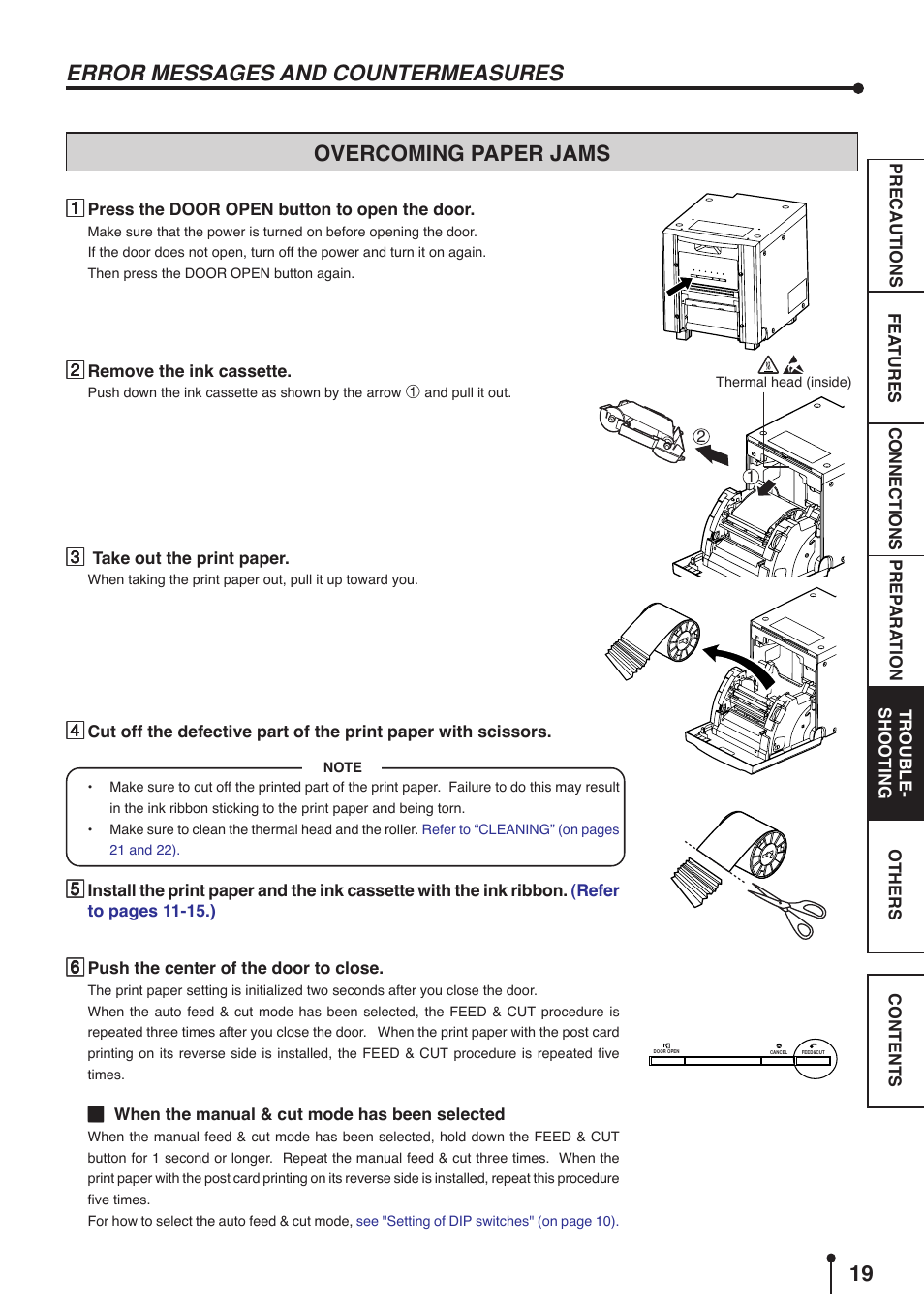 Overcoming paper jams, Error messages and countermeasures | MITSUBISHI ELECTRIC CP9800DW User Manual | Page 22 / 27