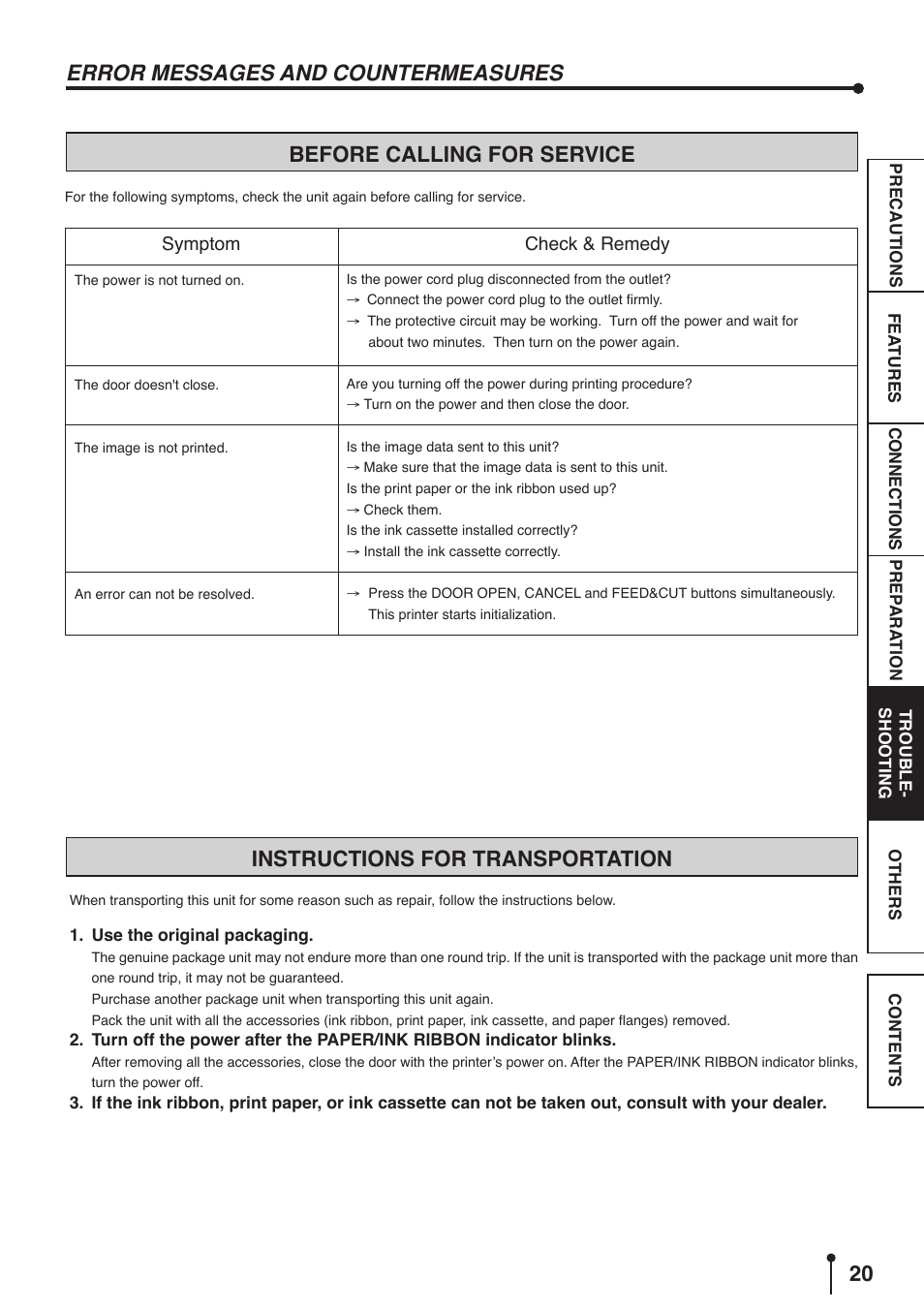 Before calling for service, Instructions for transportation, Error messages and countermeasures | MITSUBISHI ELECTRIC CP9800DW User Manual | Page 23 / 27
