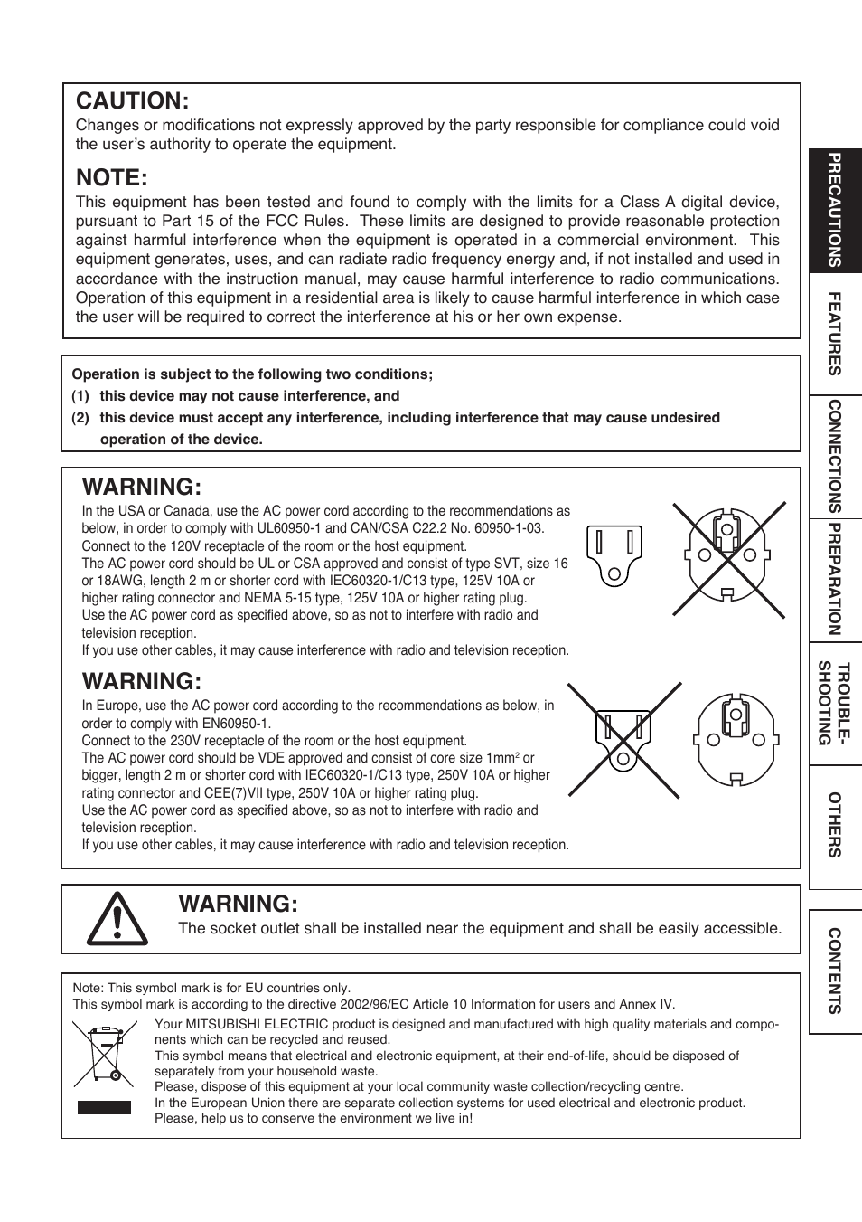 Caution, Warning | MITSUBISHI ELECTRIC CP9800DW User Manual | Page 3 / 27