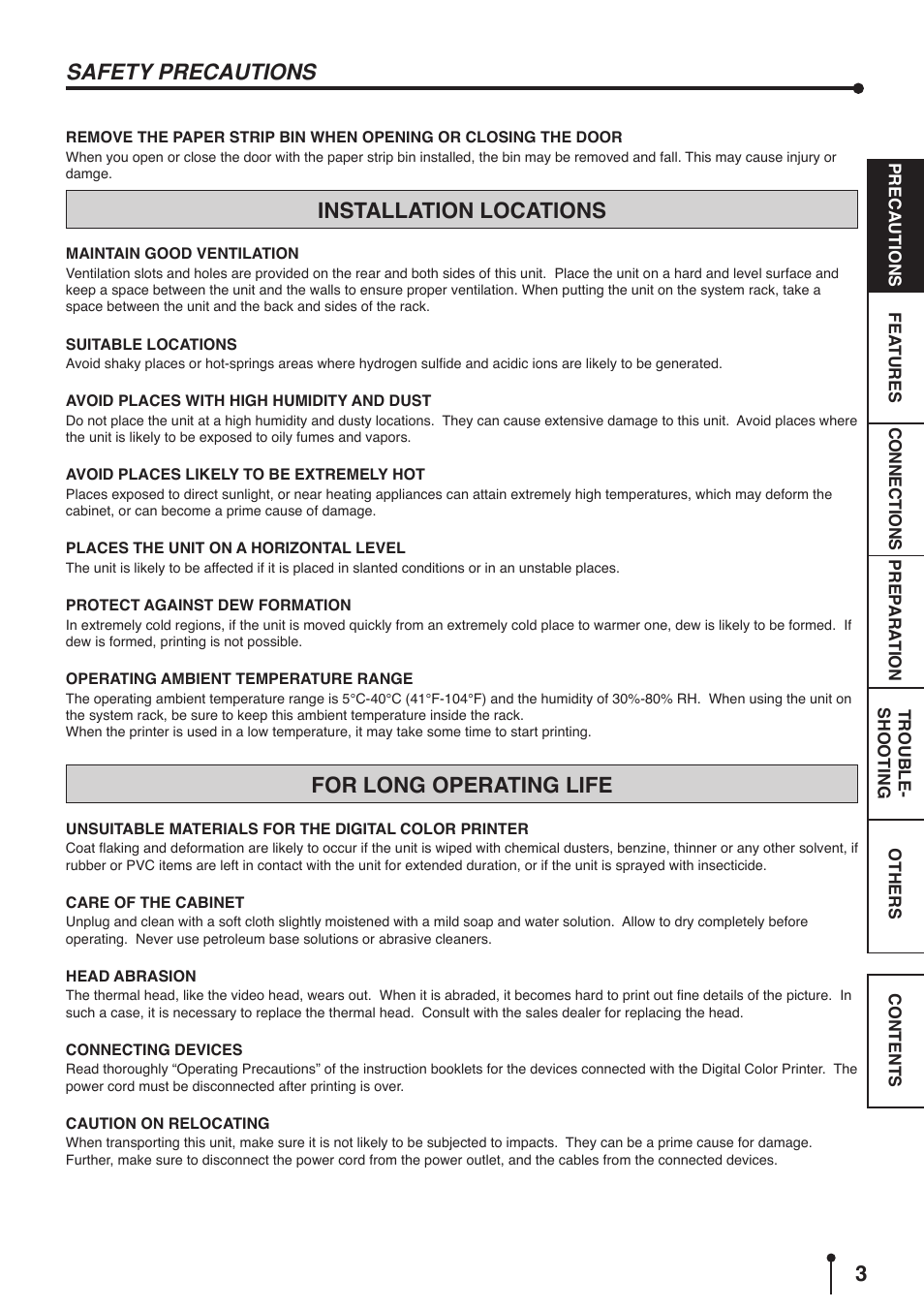 Installation locations, For long operating life, Safety precautions | MITSUBISHI ELECTRIC CP9800DW User Manual | Page 6 / 27