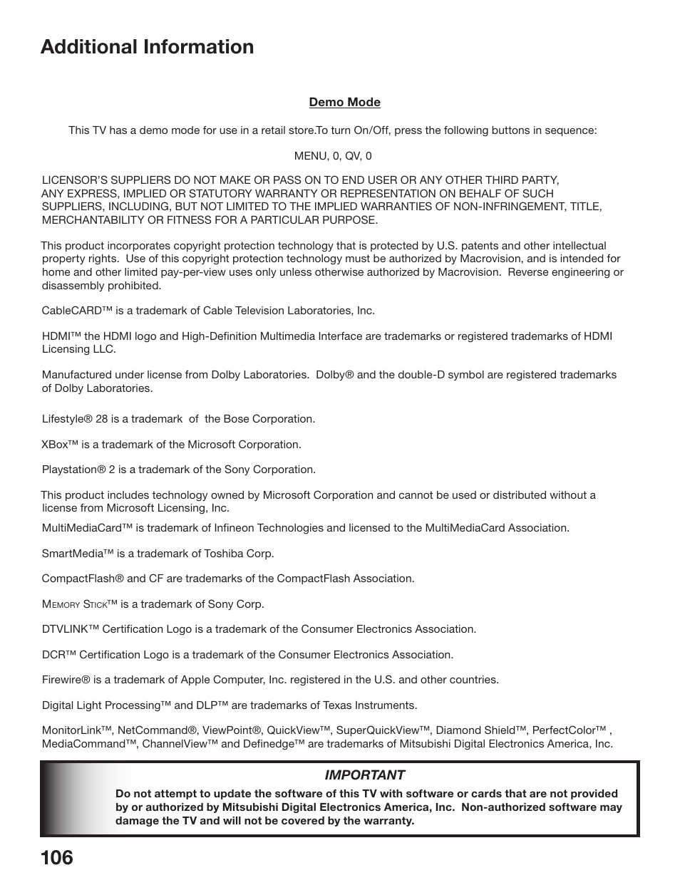 Additional information | MITSUBISHI ELECTRIC WD-52825 User Manual | Page 106 / 112