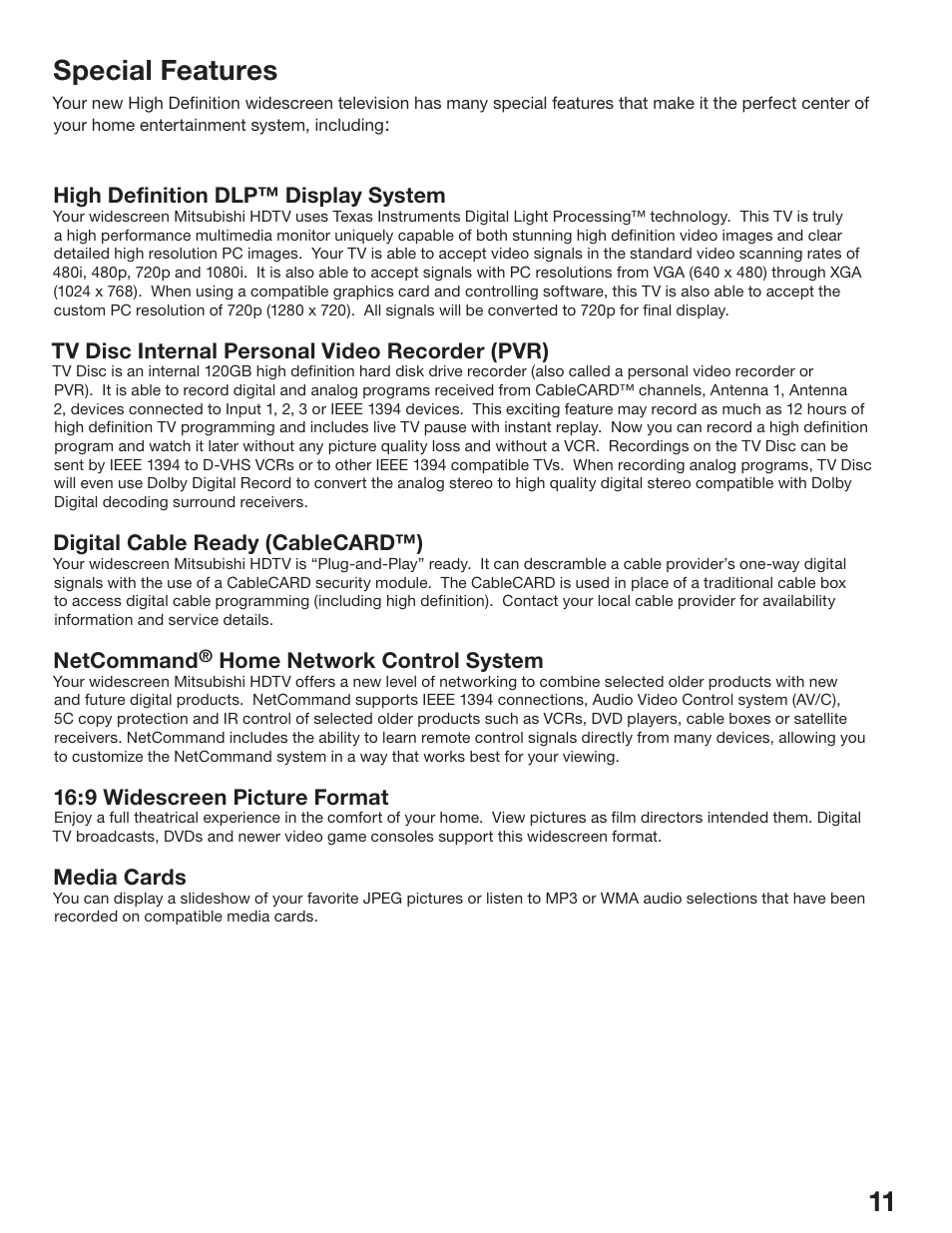 10 11 special features | MITSUBISHI ELECTRIC WD-52825 User Manual | Page 11 / 112