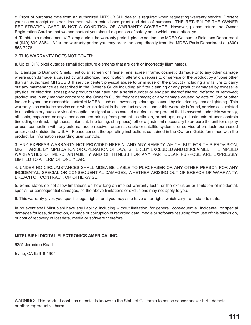 MITSUBISHI ELECTRIC WD-52825 User Manual | Page 111 / 112